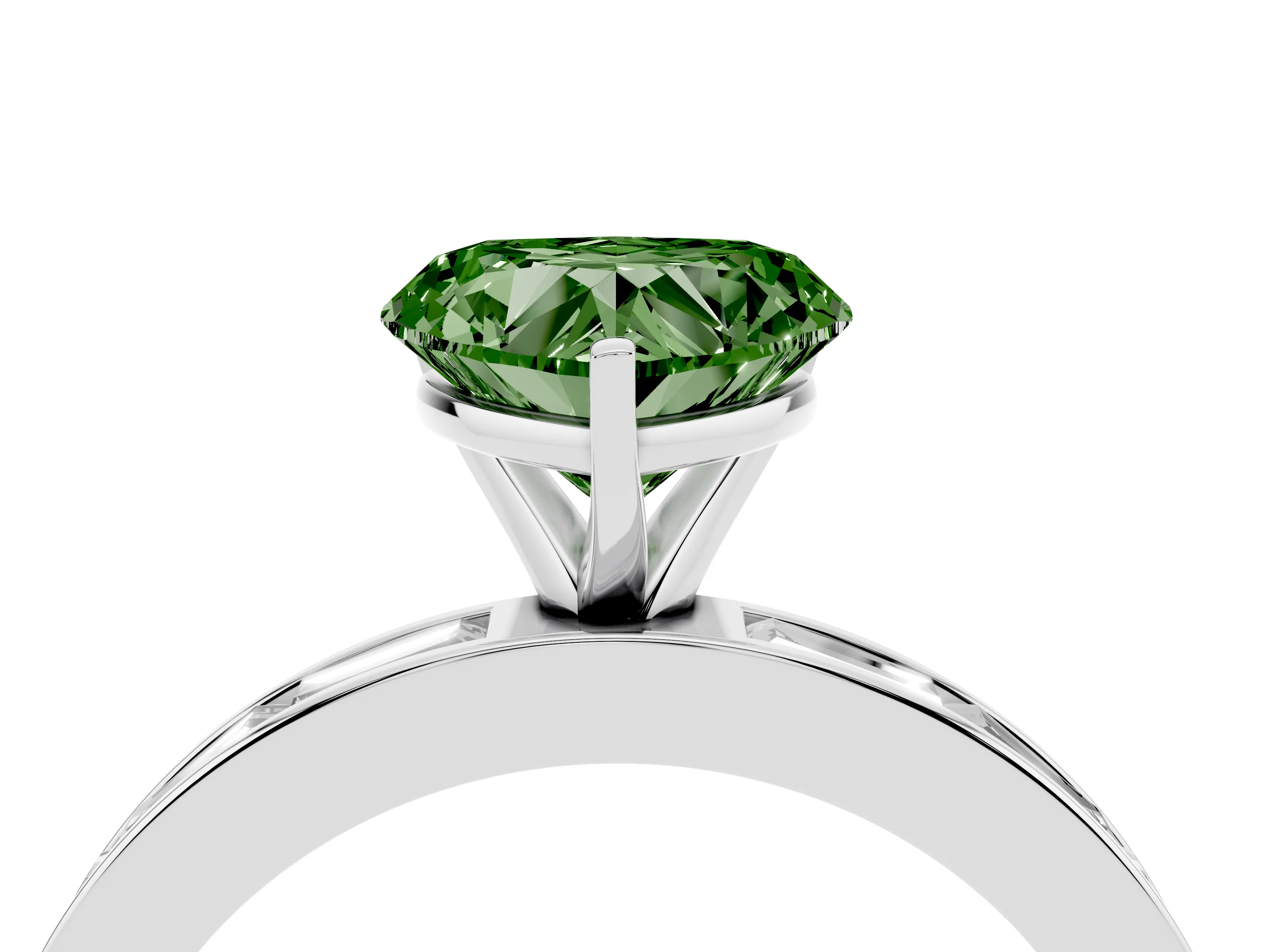 Fancy Green Heart Cut Diamond Solitaire Ring Set in Silver with Channel-Set Baguette Band and Prong Setting