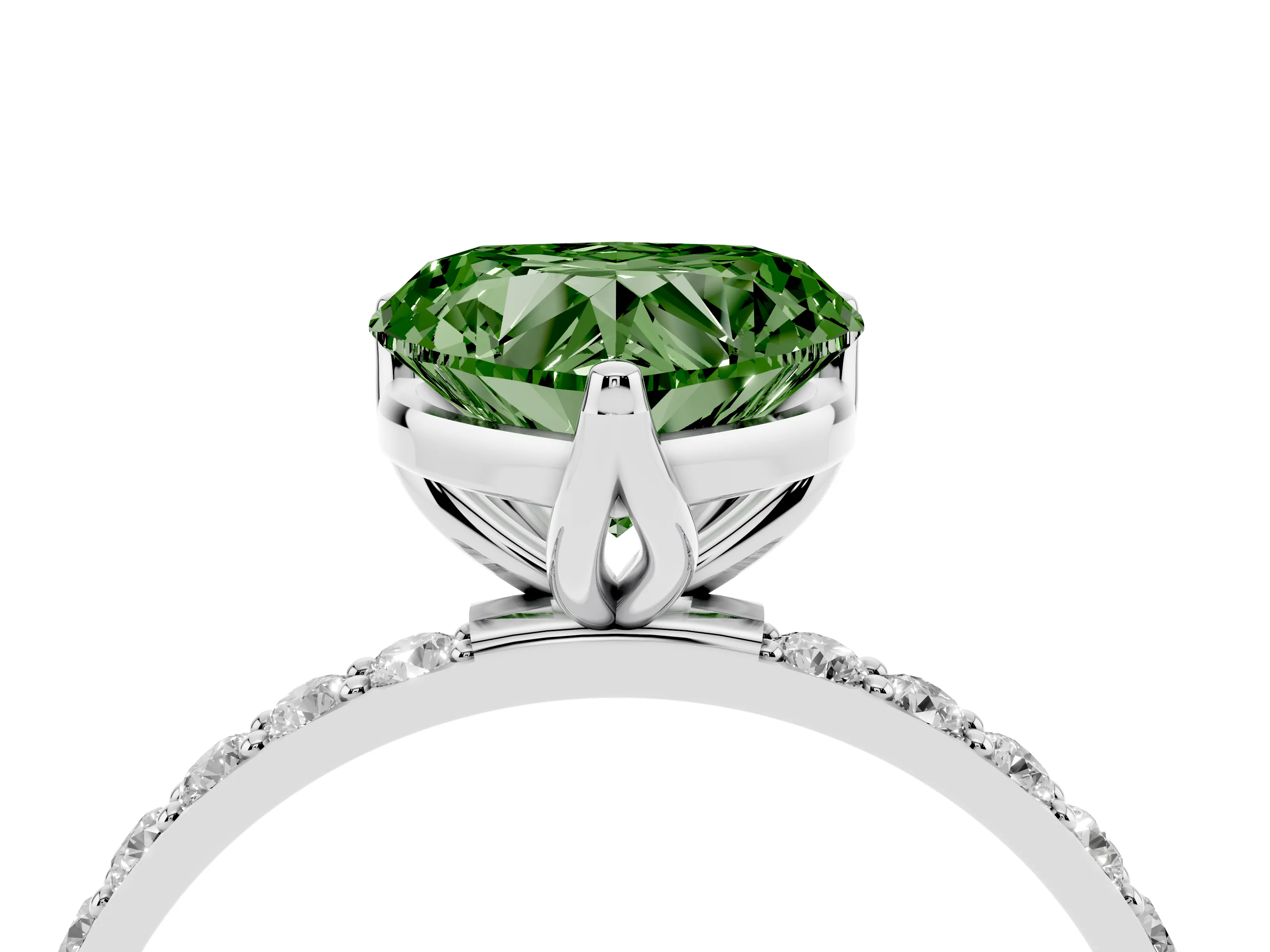 Fancy Green Heart Cut Diamond Solitaire Engagement Ring Set in Platinum with Round Pavé Band and Prong Setting