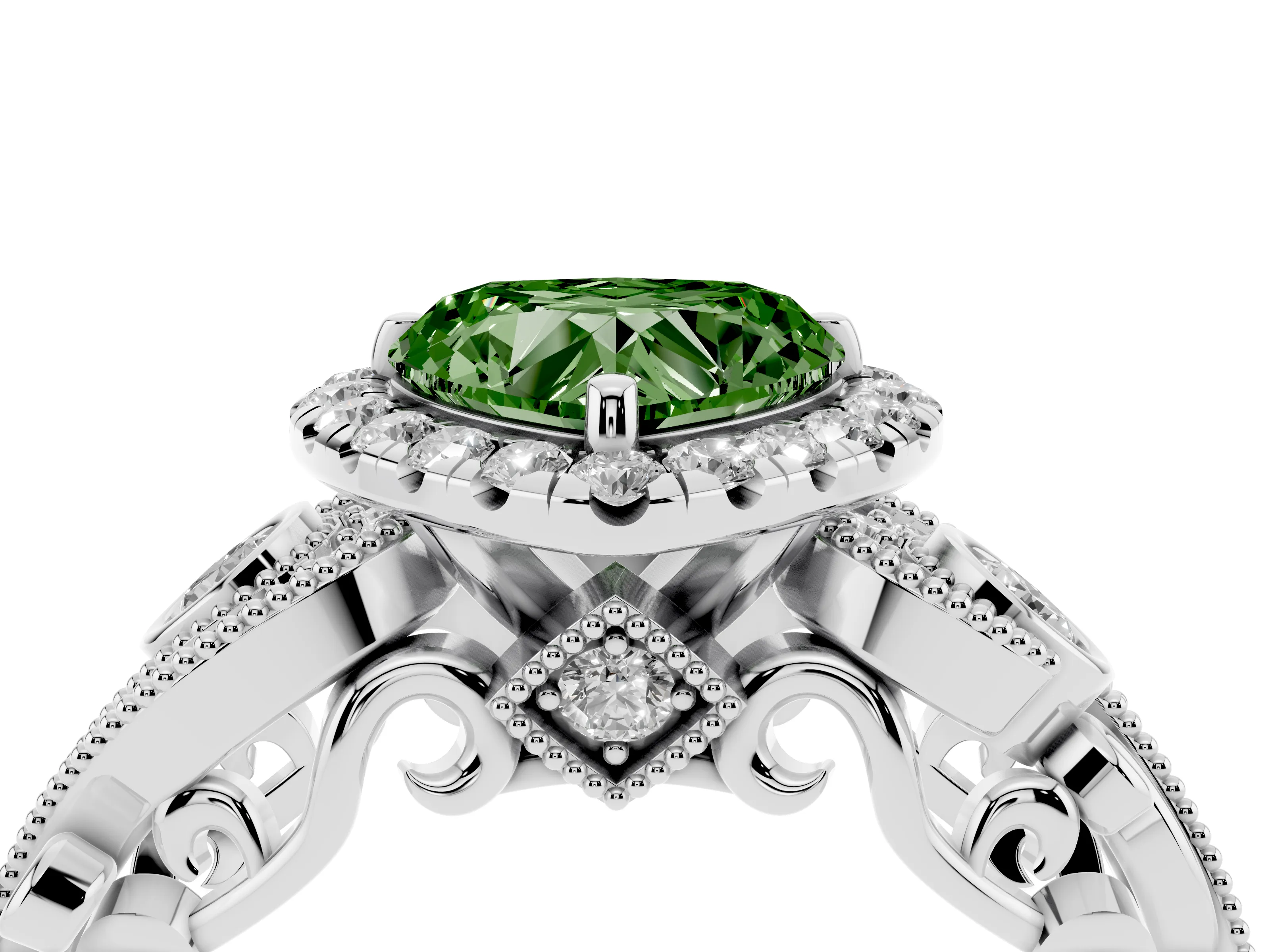 Fancy Green Heart Cut Diamond Halo Ring Set in White gold with Milgrain Pavé Band and Prong Setting