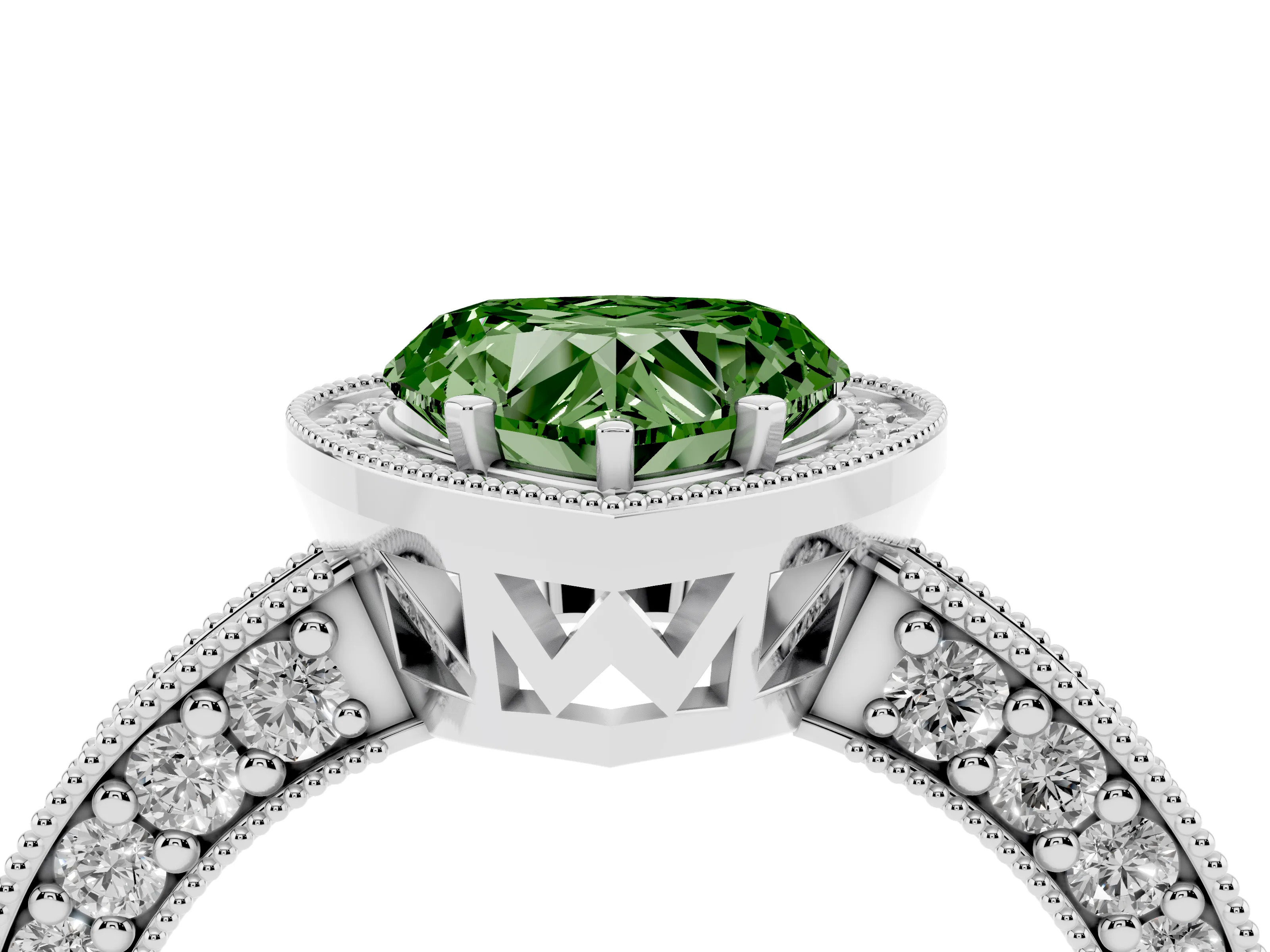 Fancy Green Heart Cut Diamond Halo Pavé Band Ring Set in Silver with Prong-Set Center