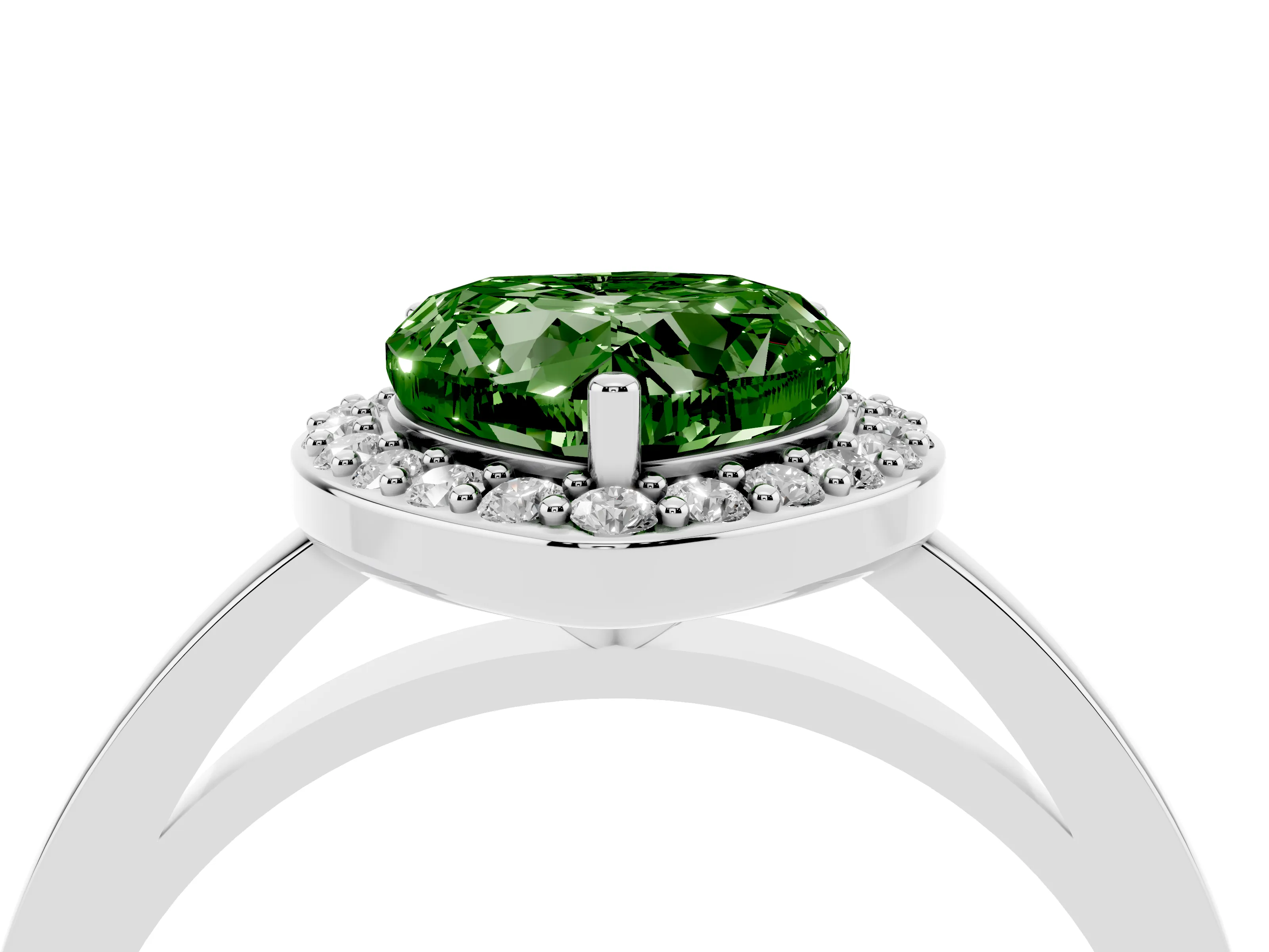 Fancy Green Heart Cut Diamond Halo Ring Set in Silver with Solitaire Band and Prong Setting