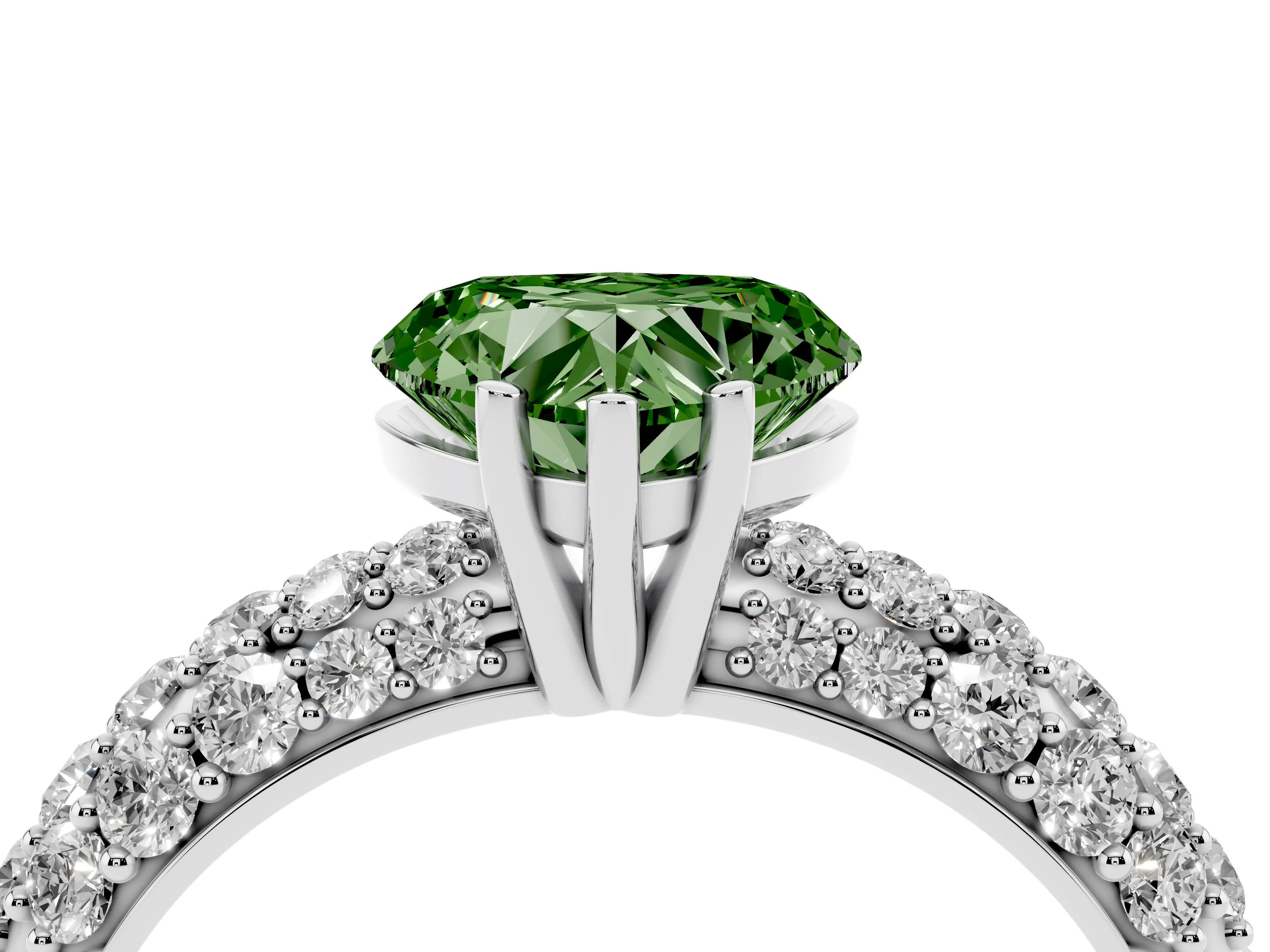 Fancy Green Heart Cut Diamond Pavé Band Solitaire Ring Set in White gold with Close-Set Accent Stones and Prong Setting