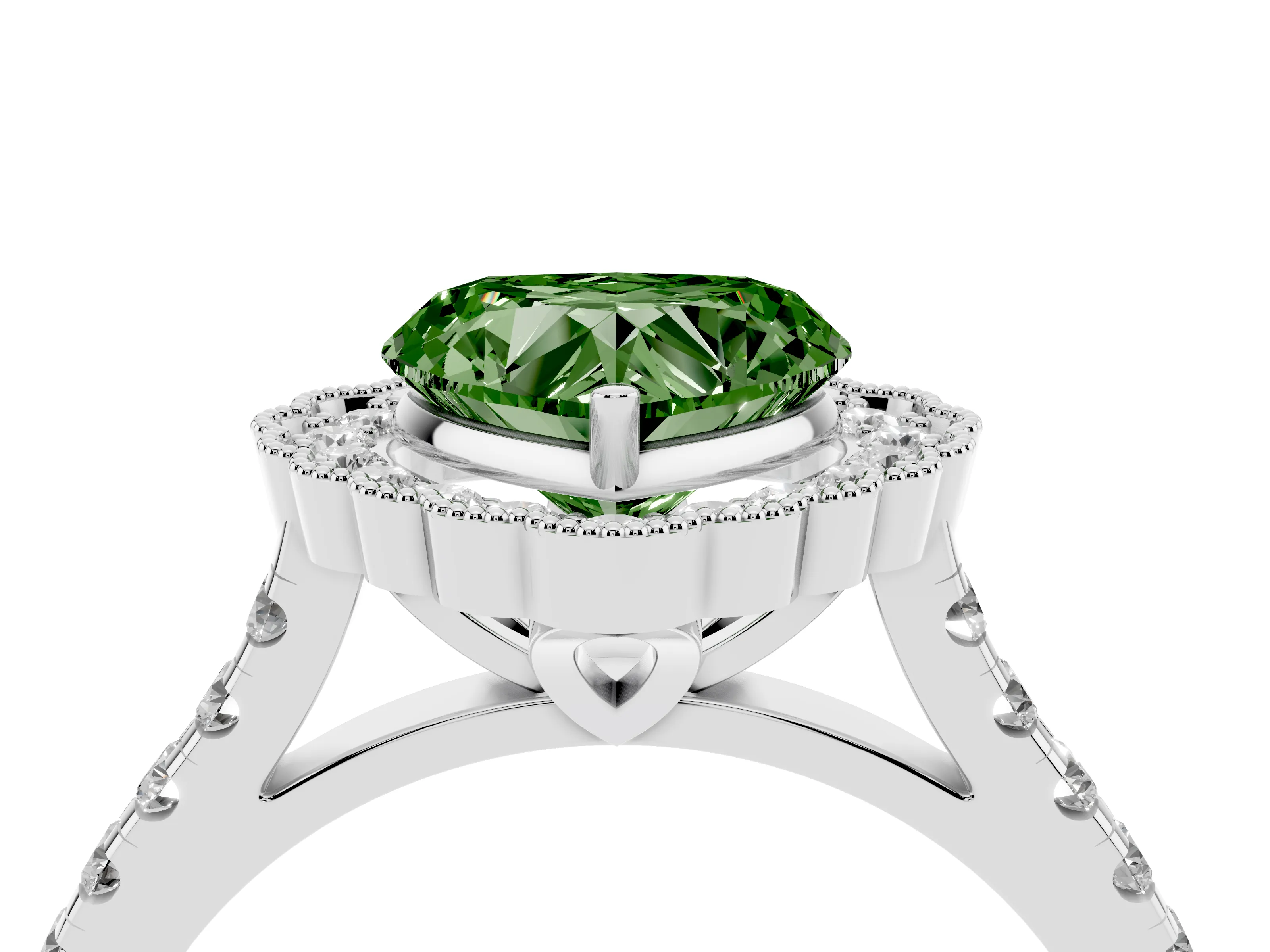 Fancy Green Heart Cut Diamond Milgrain Floral Halo Engagement Ring Set in White gold with Pavé Band