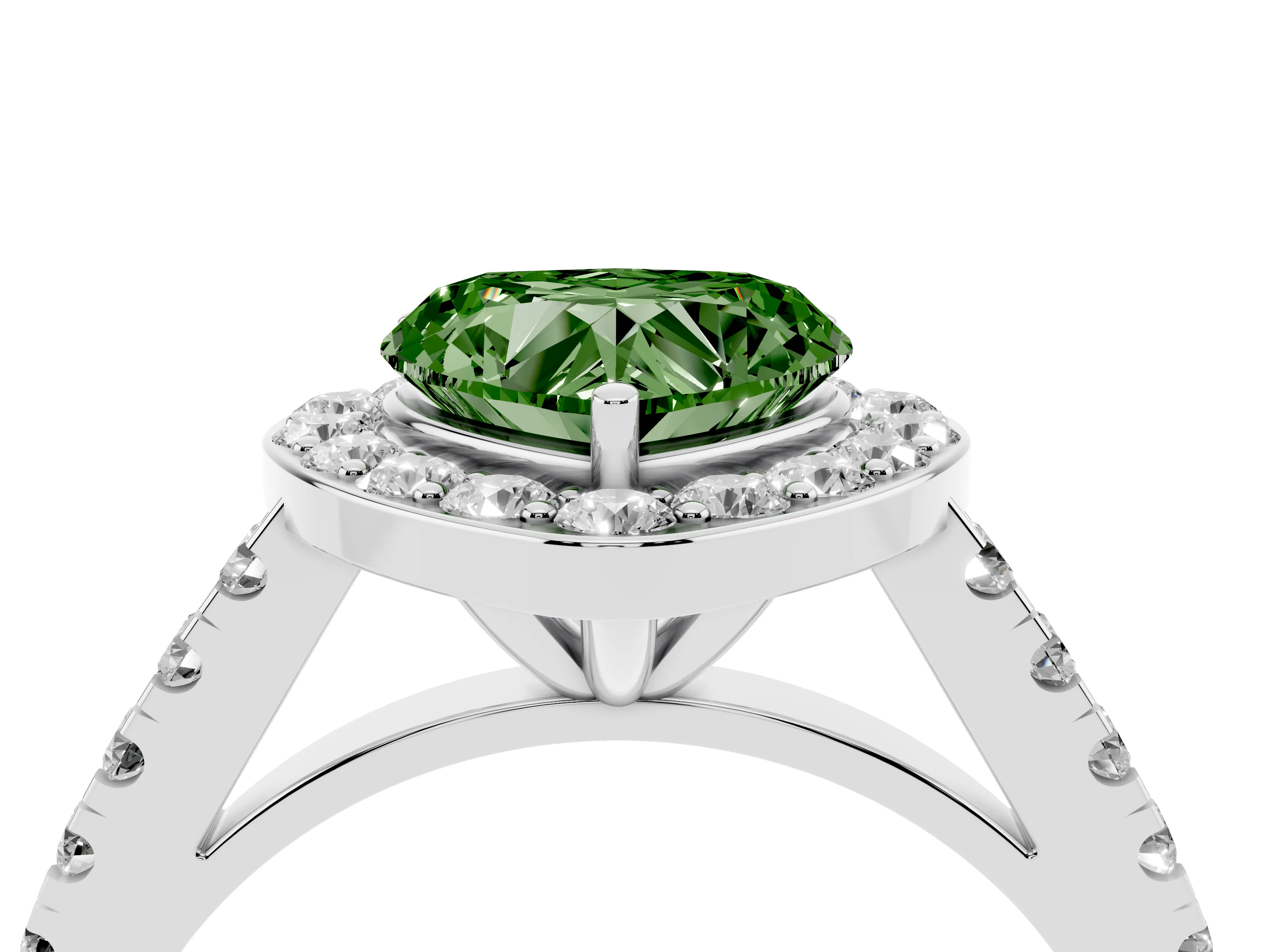 Fancy Green Heart Cut Diamond Halo Ring Set in White gold with Round Pavé Split Shank and Prong Setting