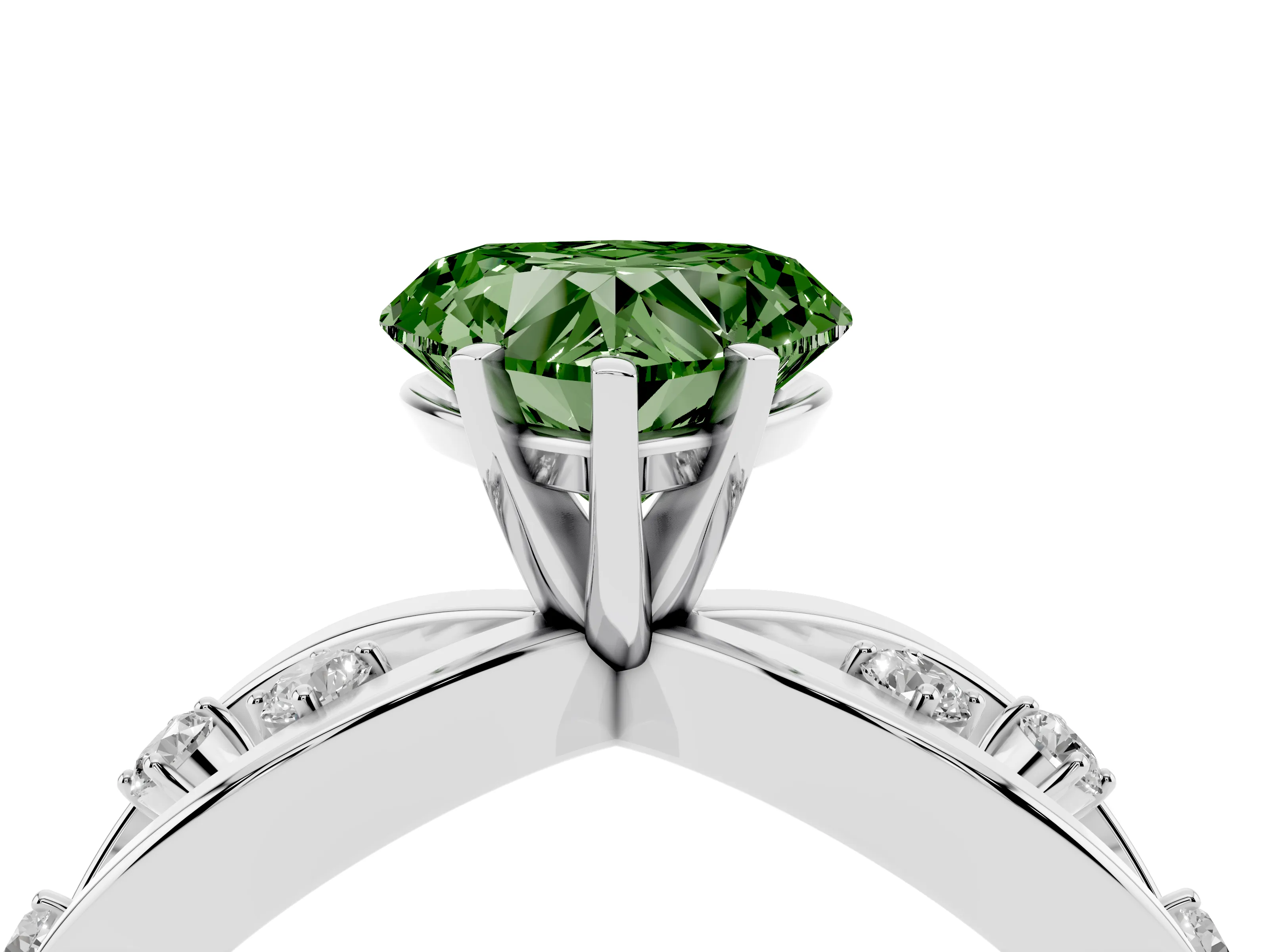 Fancy Green Heart Cut Diamond Solitaire Ring Set in Silver with Side Stones on Criss-Cross Band and Prong Setting