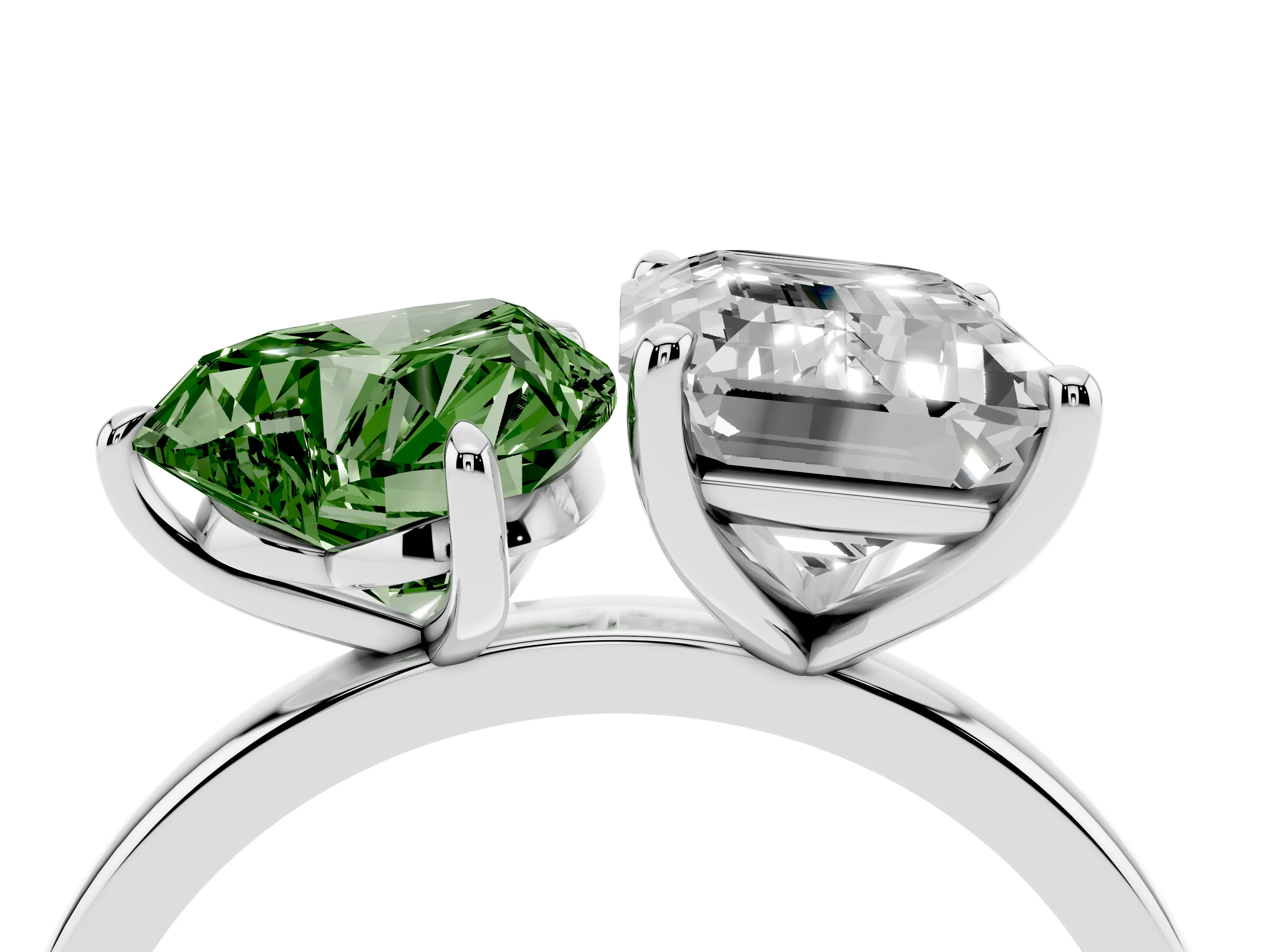 Fancy Green Heart Cut and Emerald Cut Toi Moi Ring Set in White gold with Prong Setting