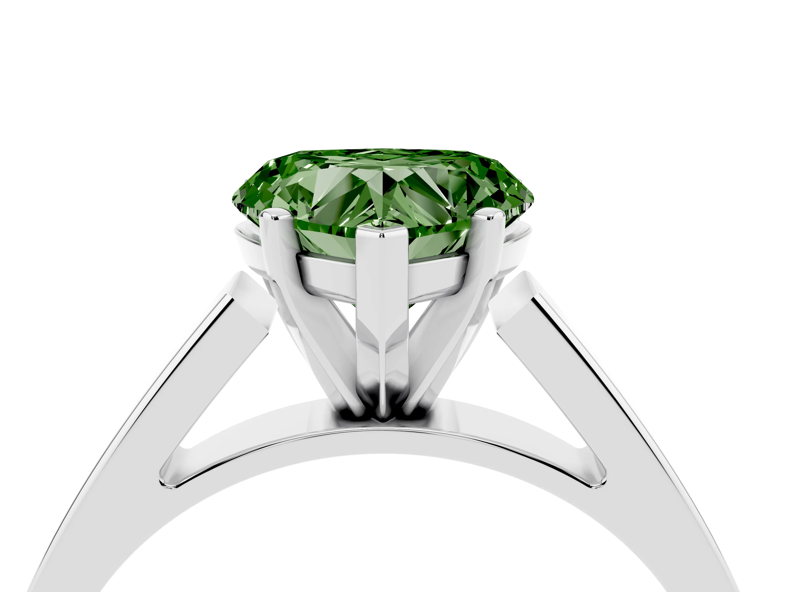Fancy Green Heart Cut Diamond Solitaire Engagement Ring Set in White gold with Prong Setting and Tapered Band