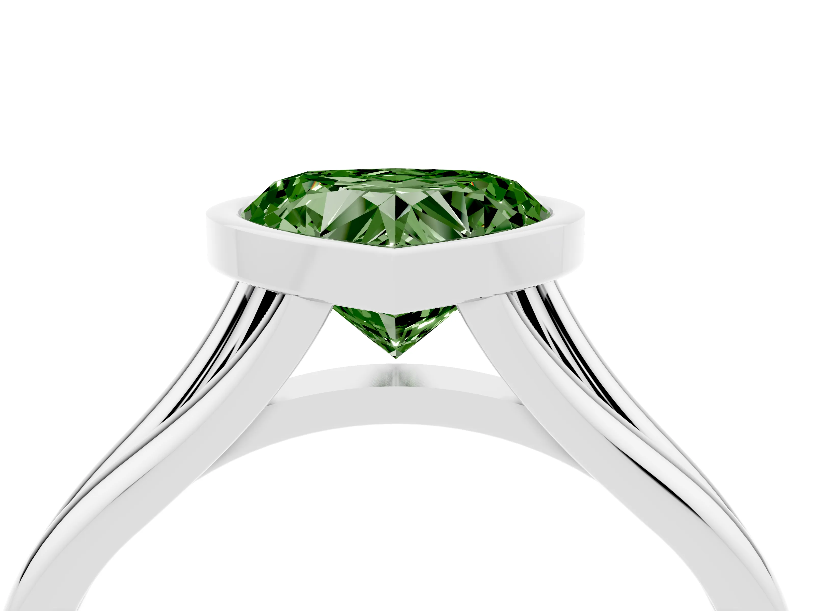 Fancy Green Bezel Set Heart Cut Diamond Solitaire Ring Set in Platinum with Tapered Band