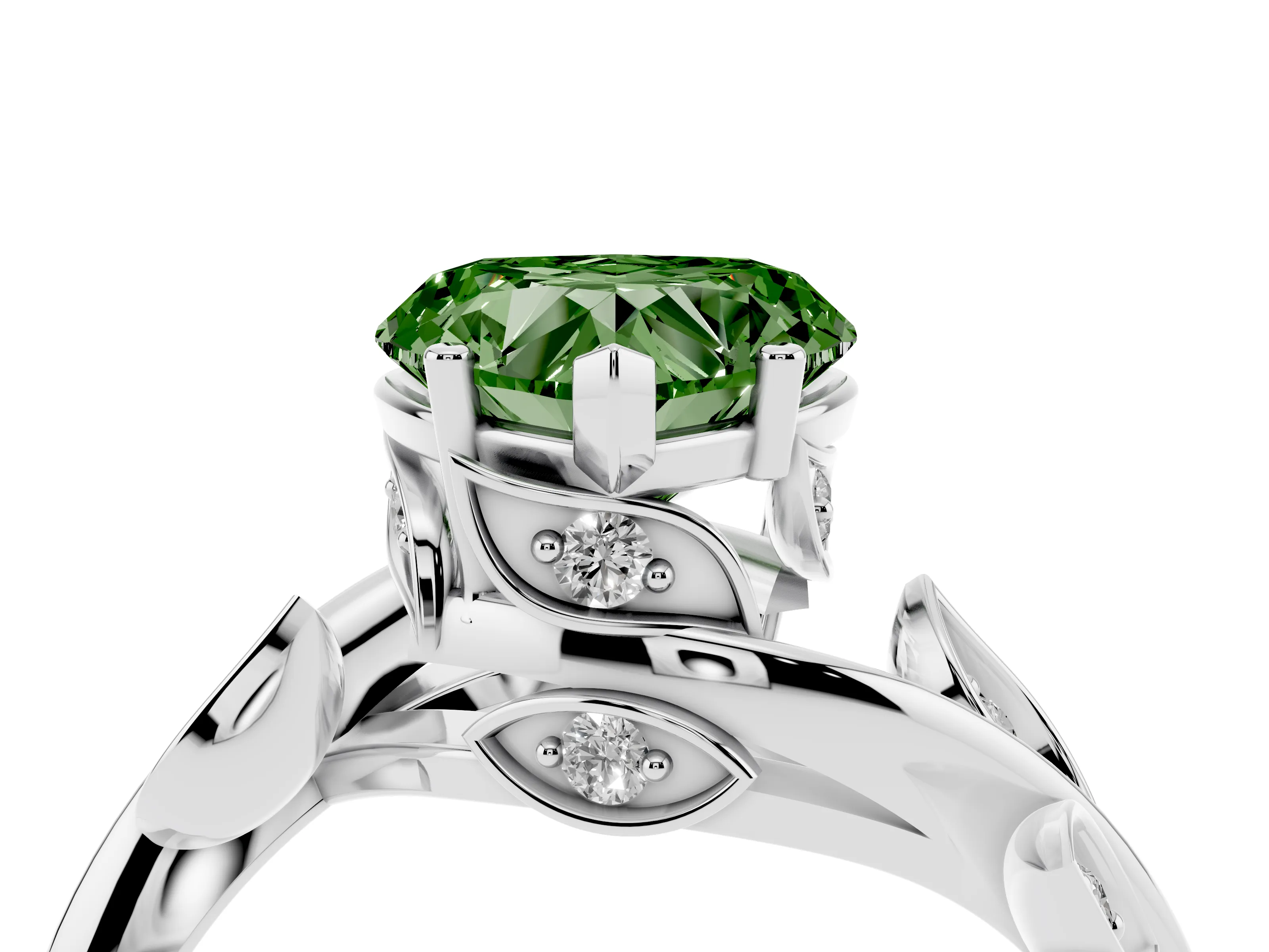 Fancy Green Heart Cut Diamond Solitaire Twist Engagement Ring Set in Silver with Pavé Leaf Accents