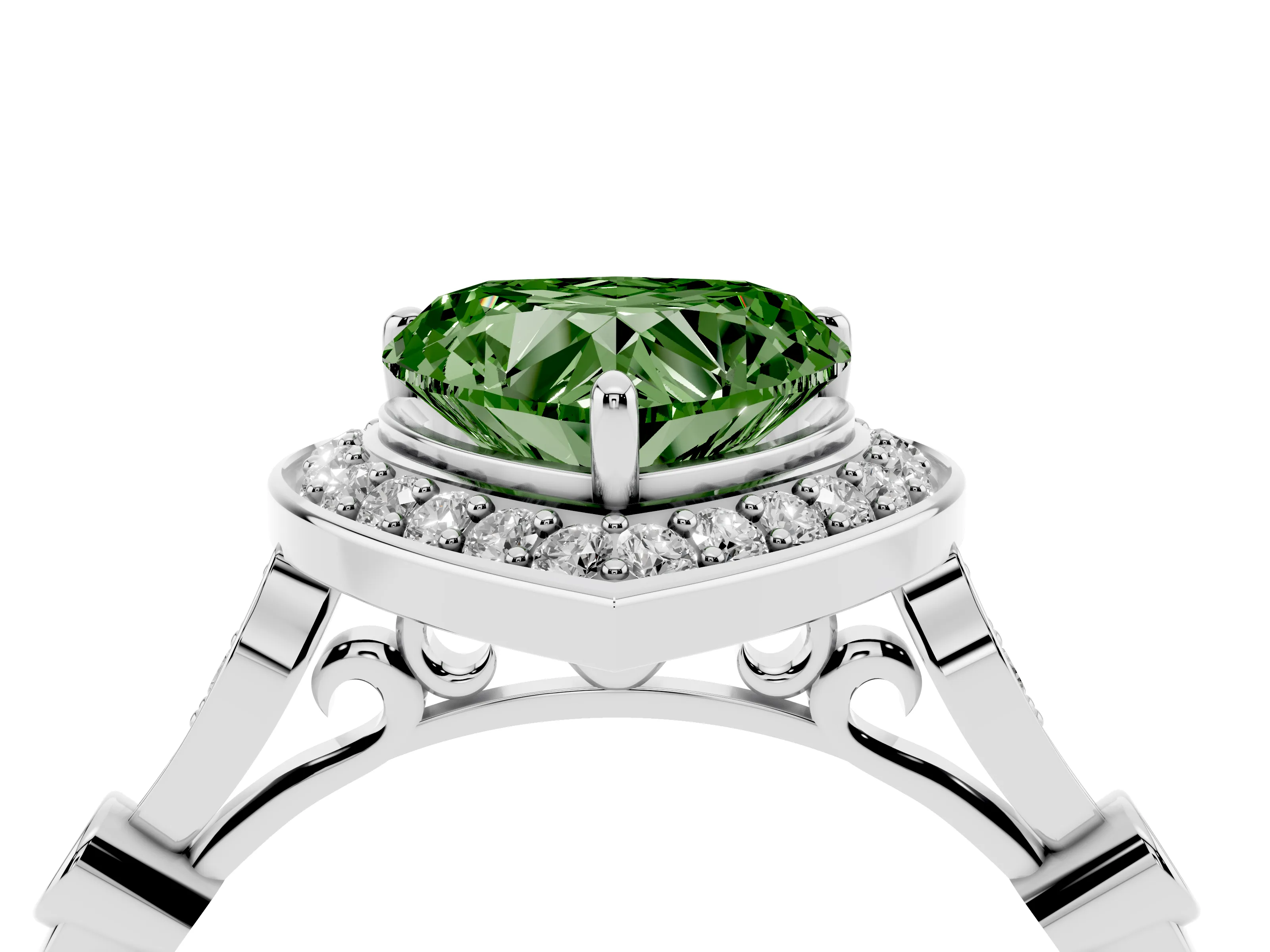Fancy Green Heart Cut Diamond Halo Engagement Ring Set in White gold with Twisted Band and Prong Setting