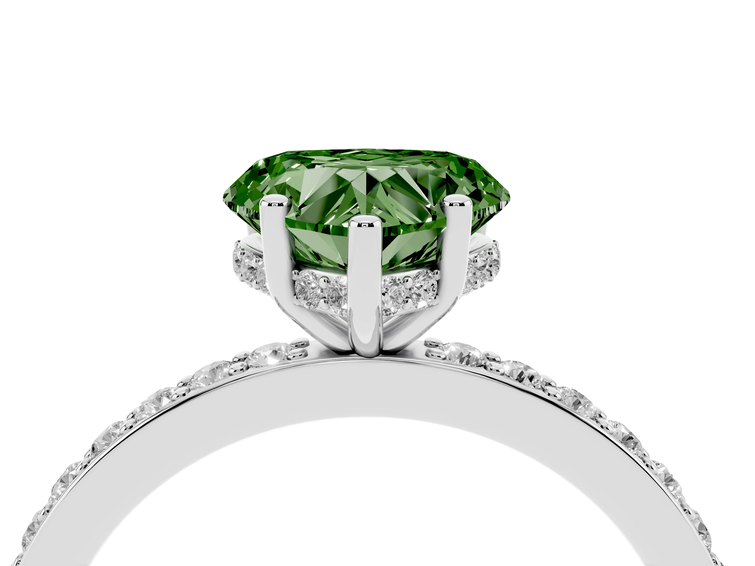 Fancy Green Heart Cut Diamond Pavé Band Ring Set in Silver with Prong-Set Center Stone