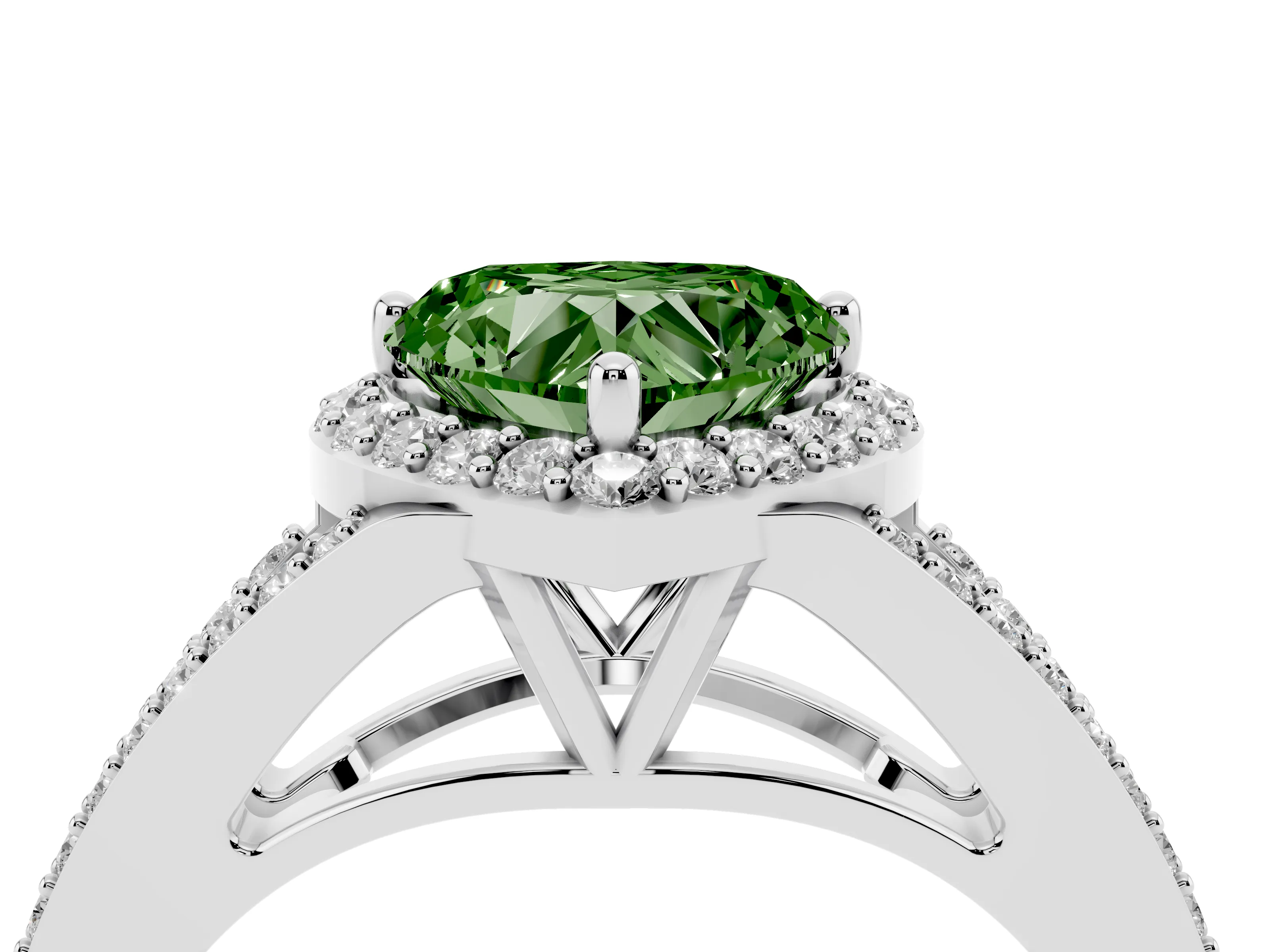 Fancy Green Heart Cut Diamond Halo Split Shank Pavé Ring Set in Platinum with Prong Setting