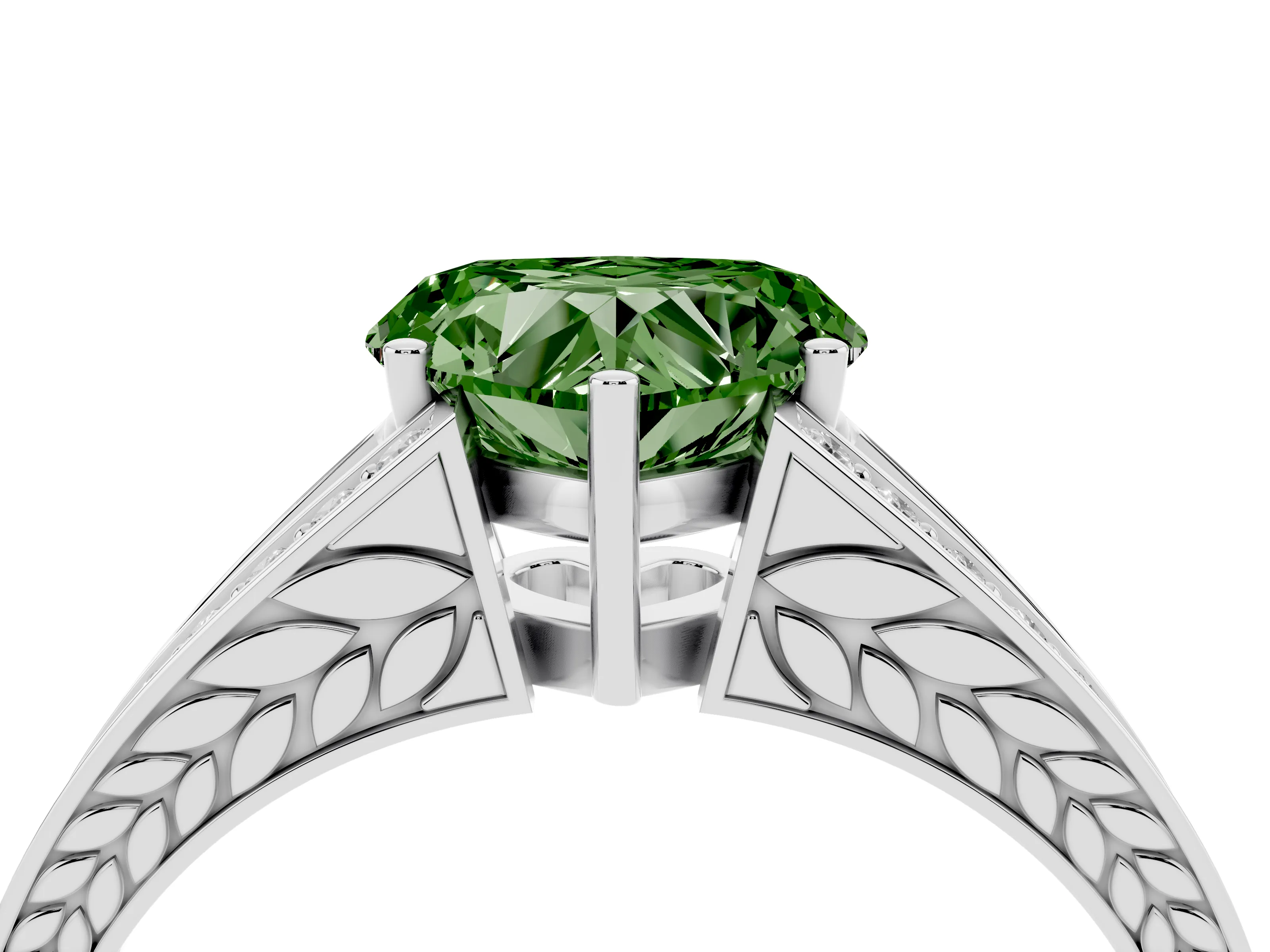 Fancy Green Heart Cut Diamond Split Shank Ring Set in Silver with Pavé Band and Prong Setting