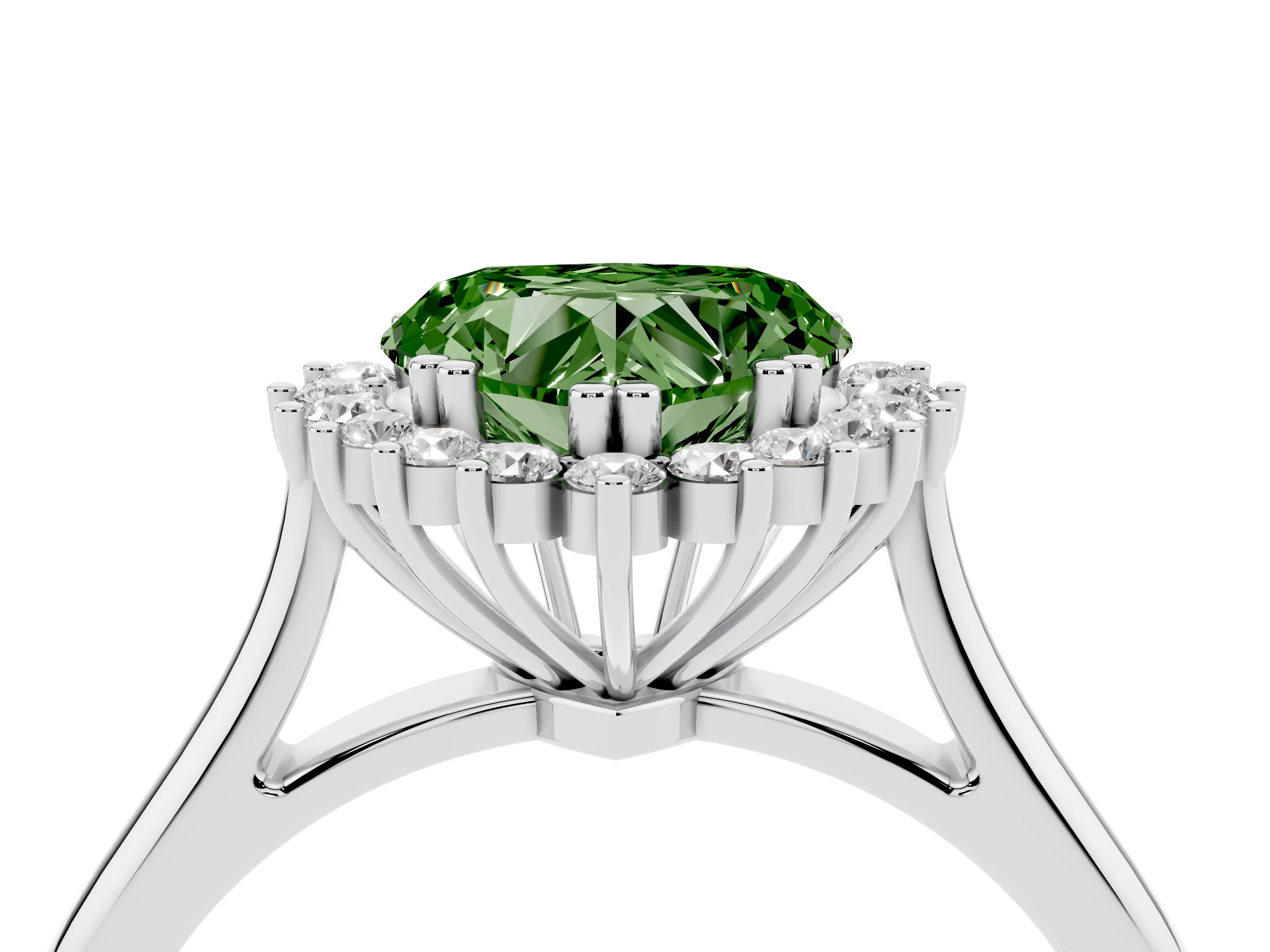Fancy Green Heart Cut Diamond Halo Ring Set in Silver with Plain Solitaire Band and Prong Setting