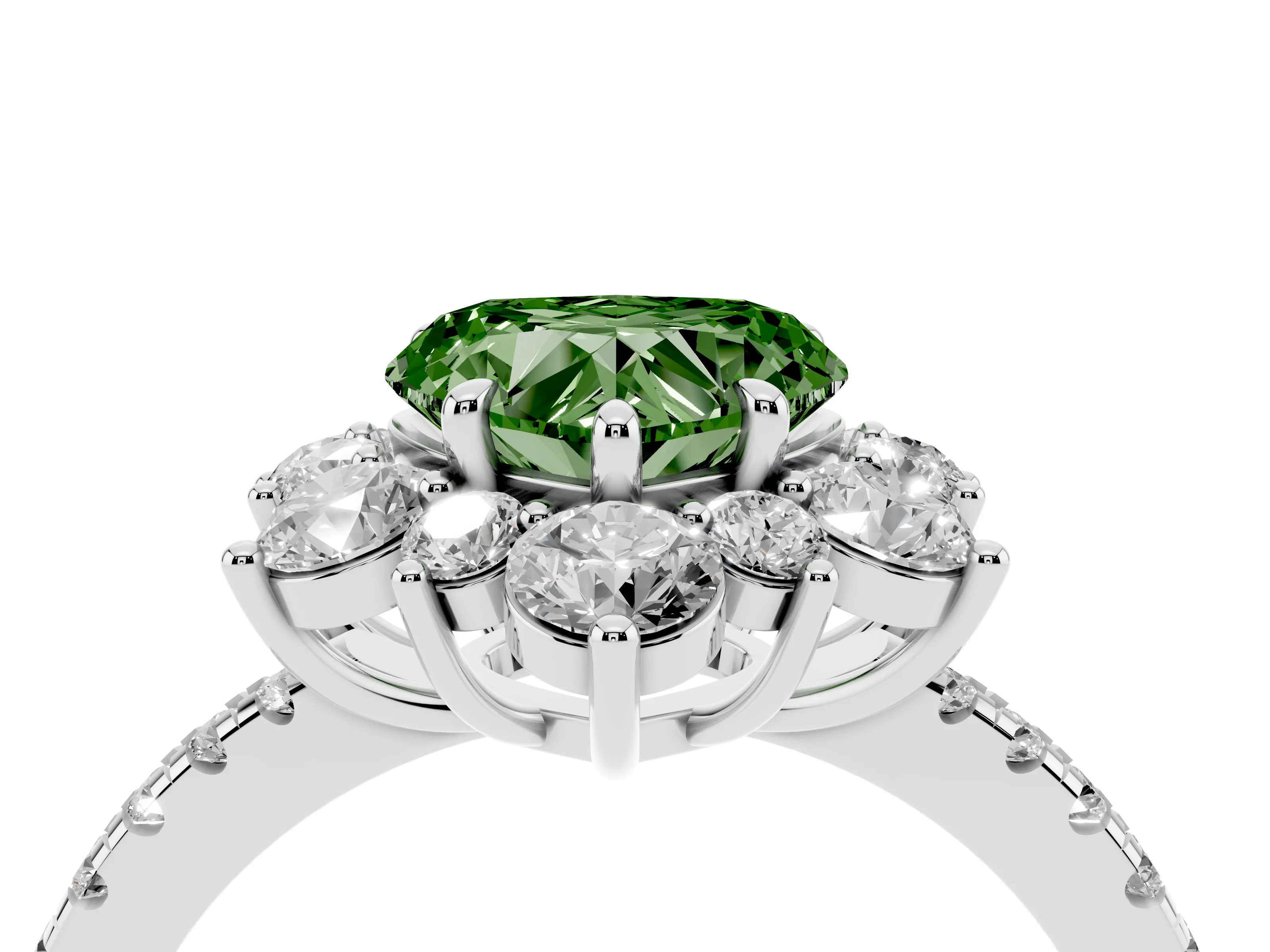 Fancy Green Heart Cut Diamond Floral Halo Ring Set in Silver with Round Pavé Band and Prong Setting