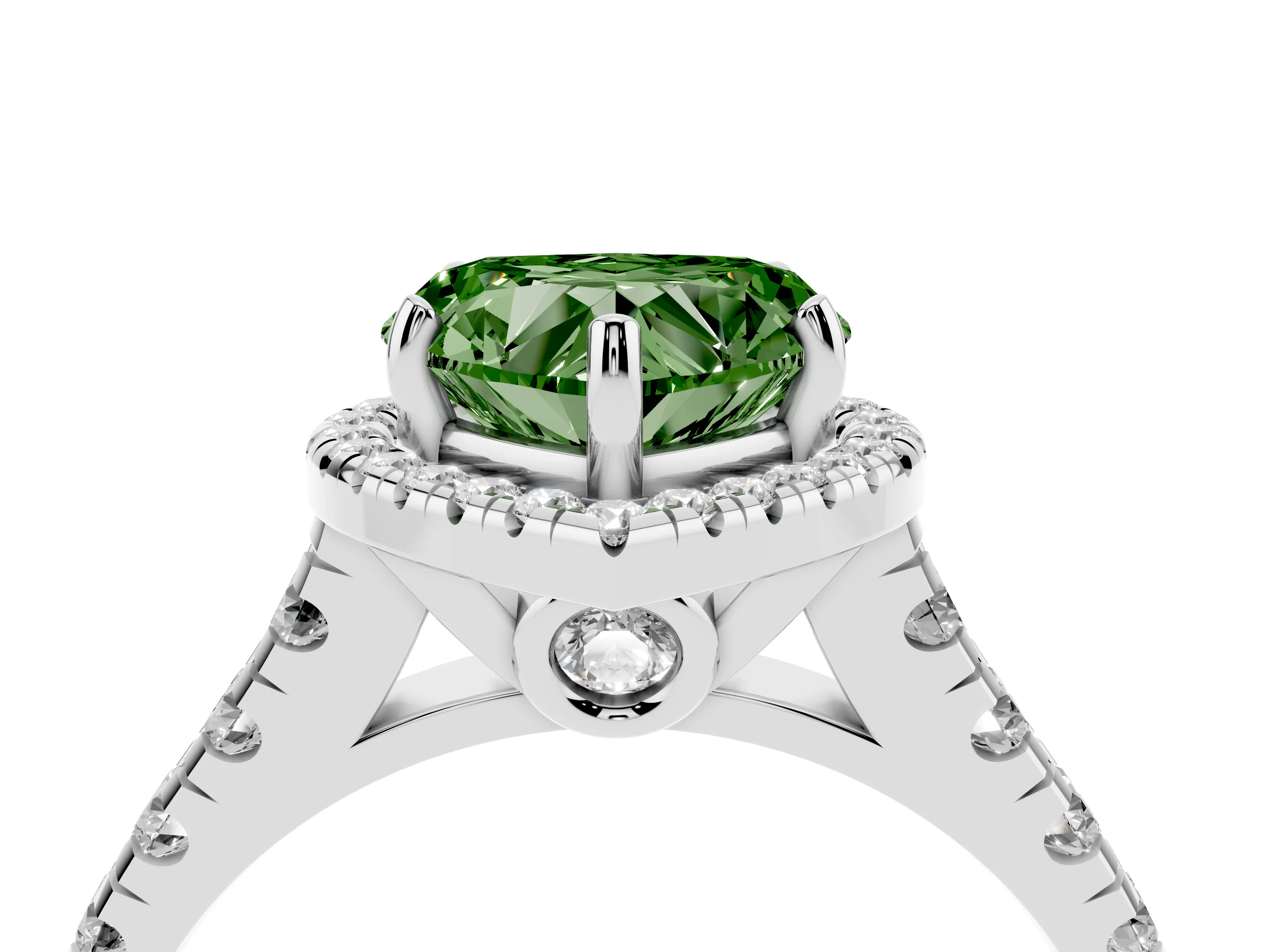 Fancy Green Heart Cut Diamond Halo Engagement Ring Set in Platinum with Pavé Band and Prong-Set Center
