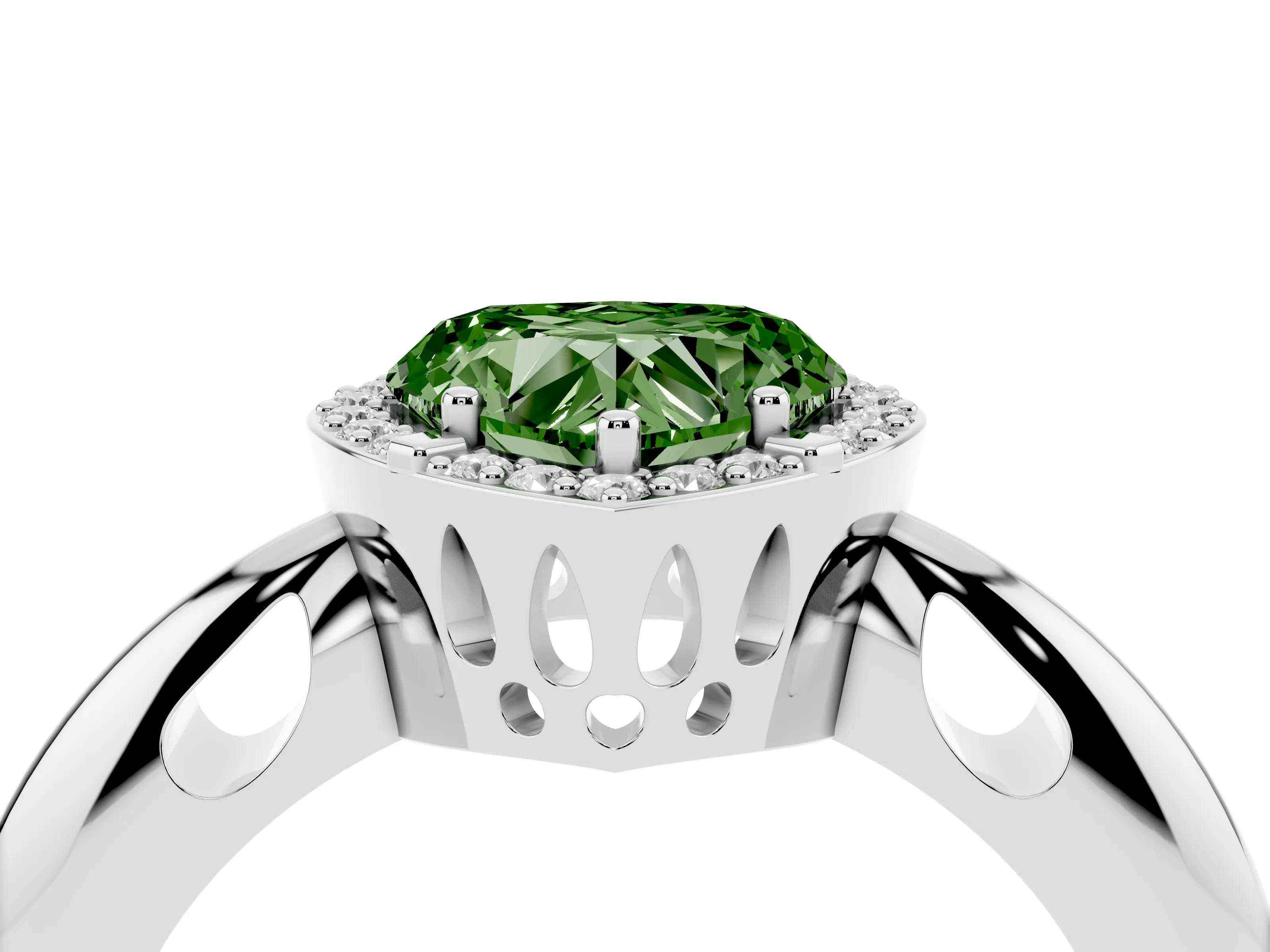 Fancy Green Heart Cut Diamond Halo Engagement Ring Set in Platinum with Plain Split Shank and Prong Setting