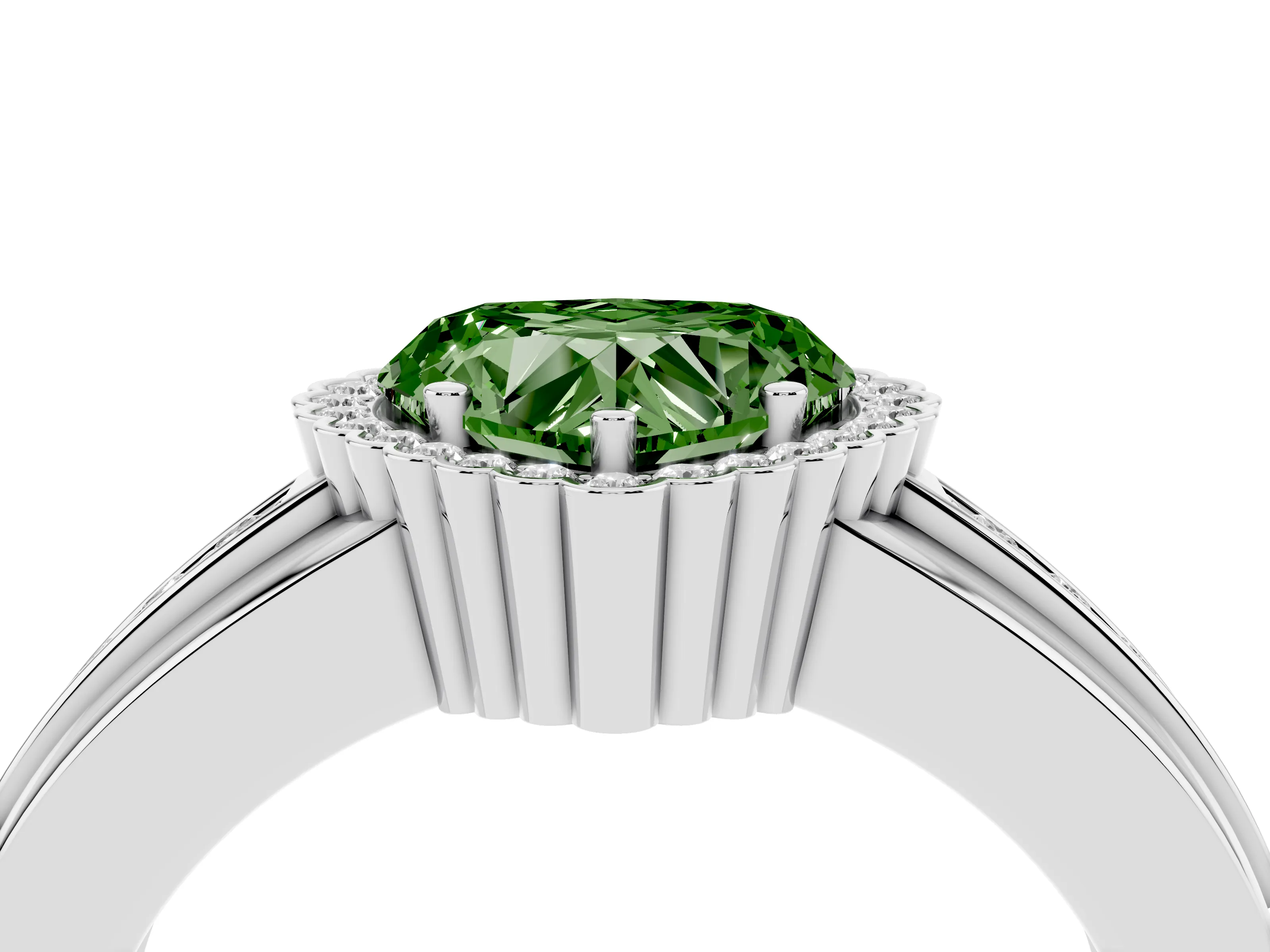 Fancy Green Heart Cut Diamond Halo Prong Ring Set in Platinum with Pavé Band