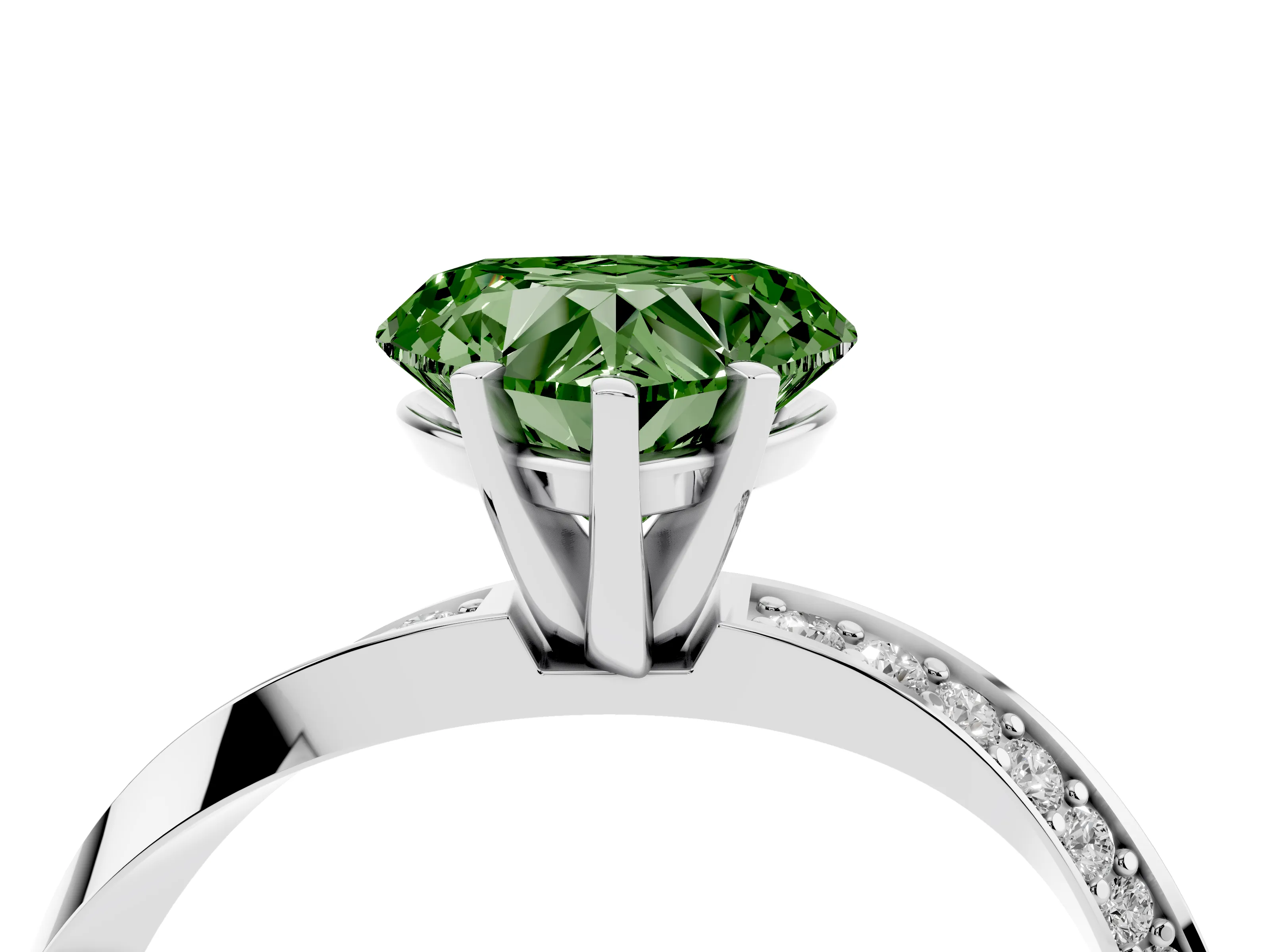 Fancy Green Heart Cut Diamond Engagement Ring Set in White gold with Side Stone Accents and Prong Setting
