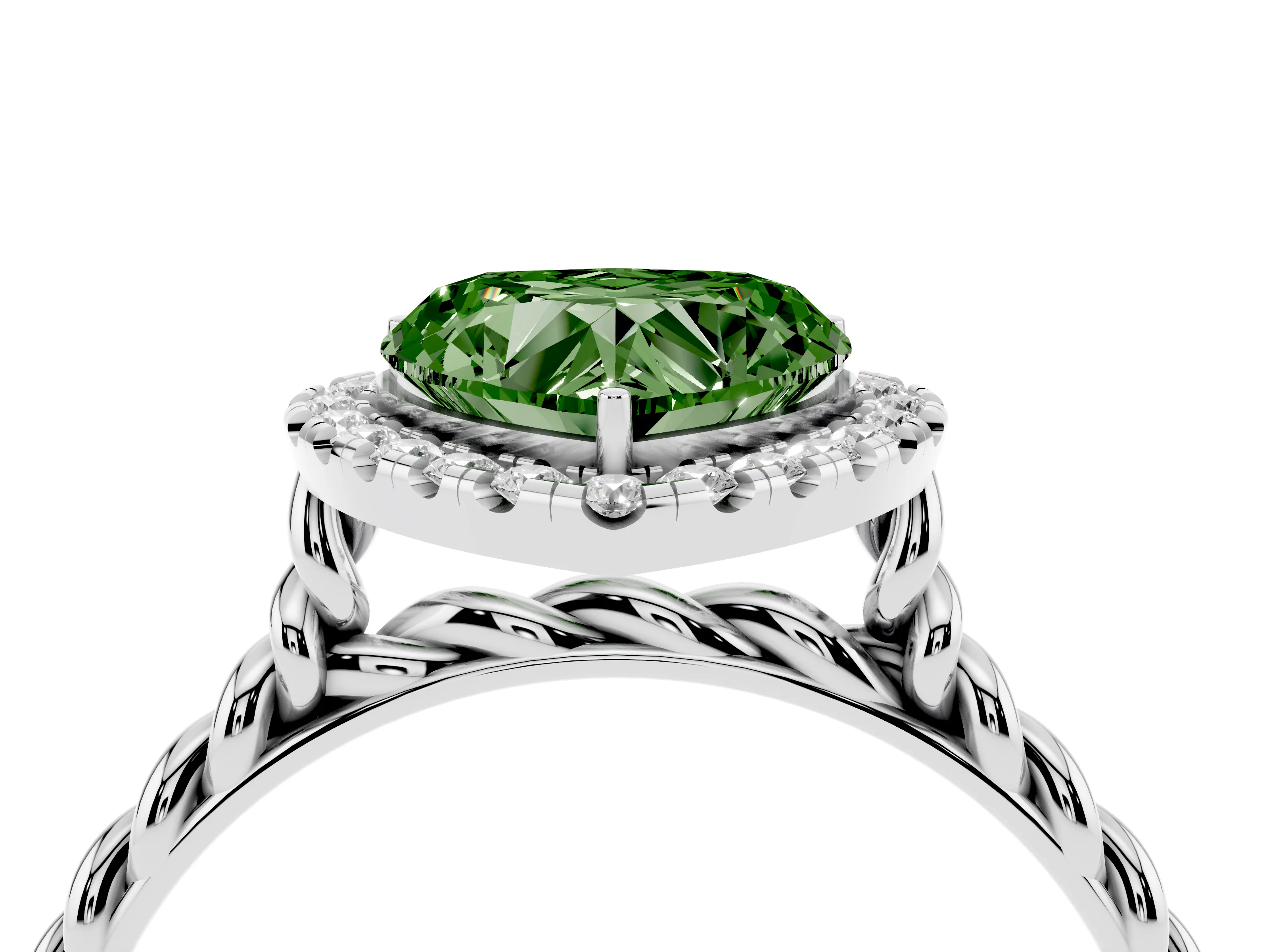 Fancy Green Heart Cut Diamond Halo Ring Set in Silver with Plain Twisted Band