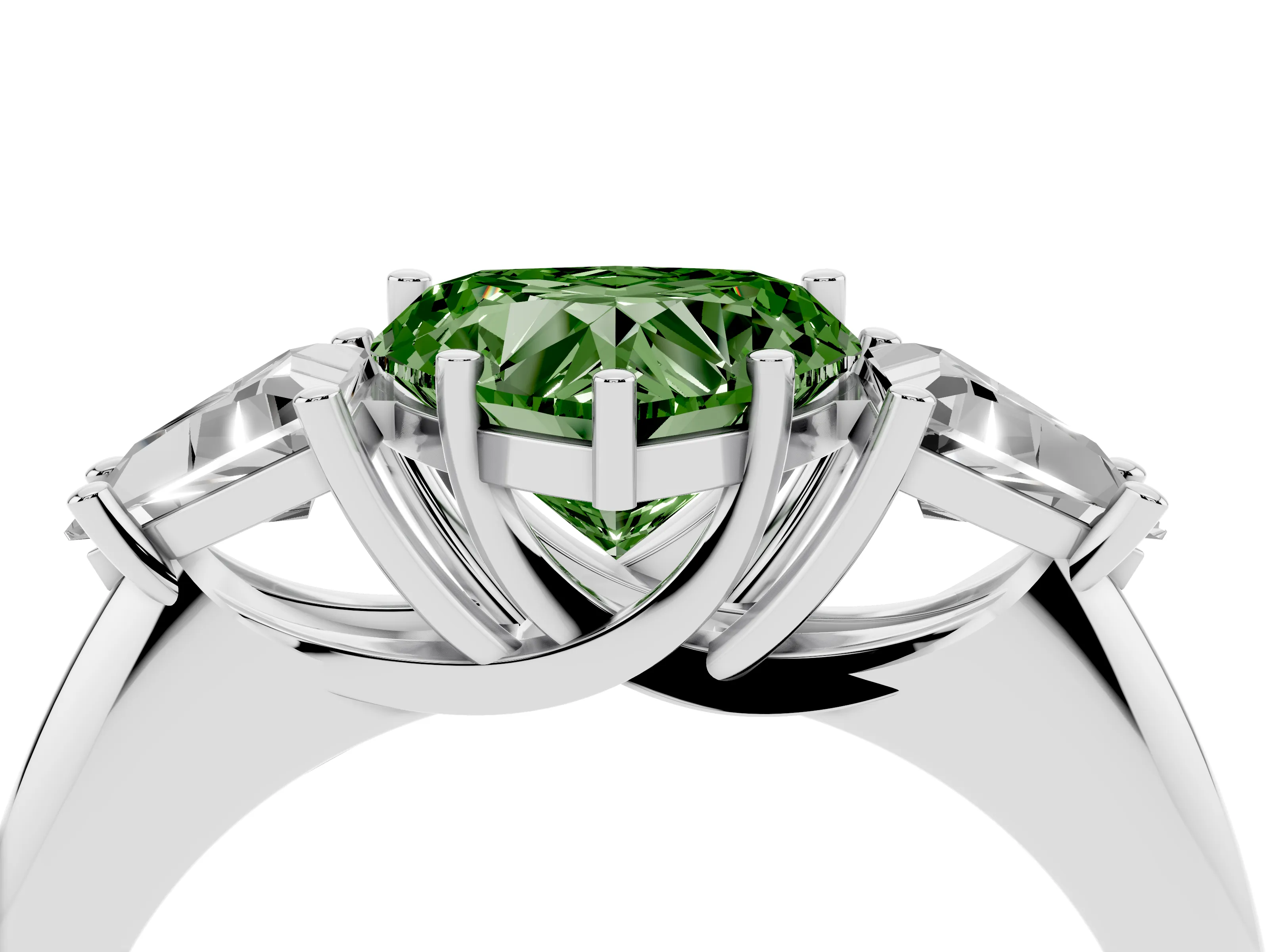 Fancy Green Heart Cut Diamond Three-Stone Engagement Ring Set in Platinum with Trillion Side Stones