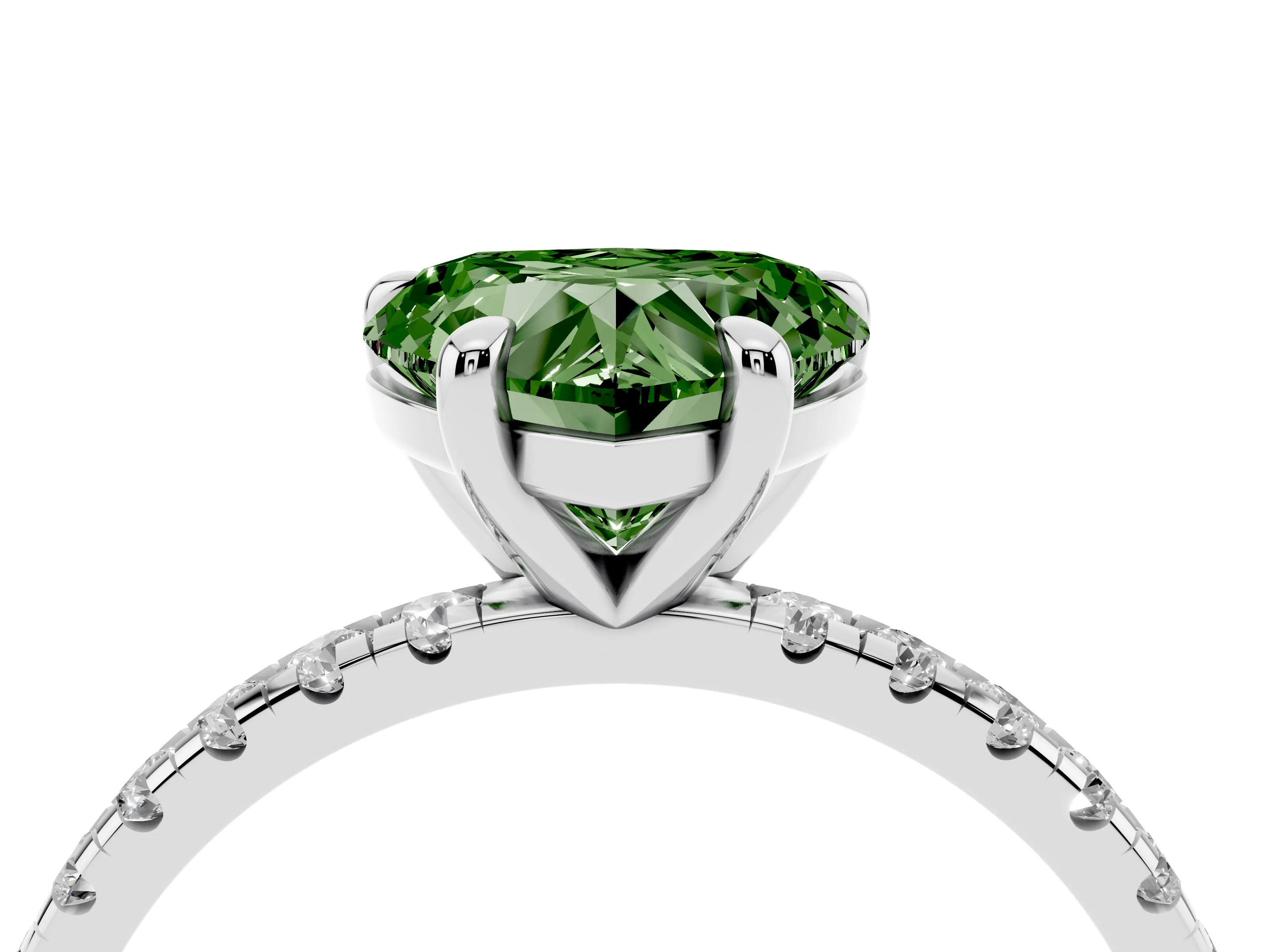 Fancy Green Heart Cut Diamond Brilliant Solitaire Ring Set in Platinum with Pavé Band and Prong Setting