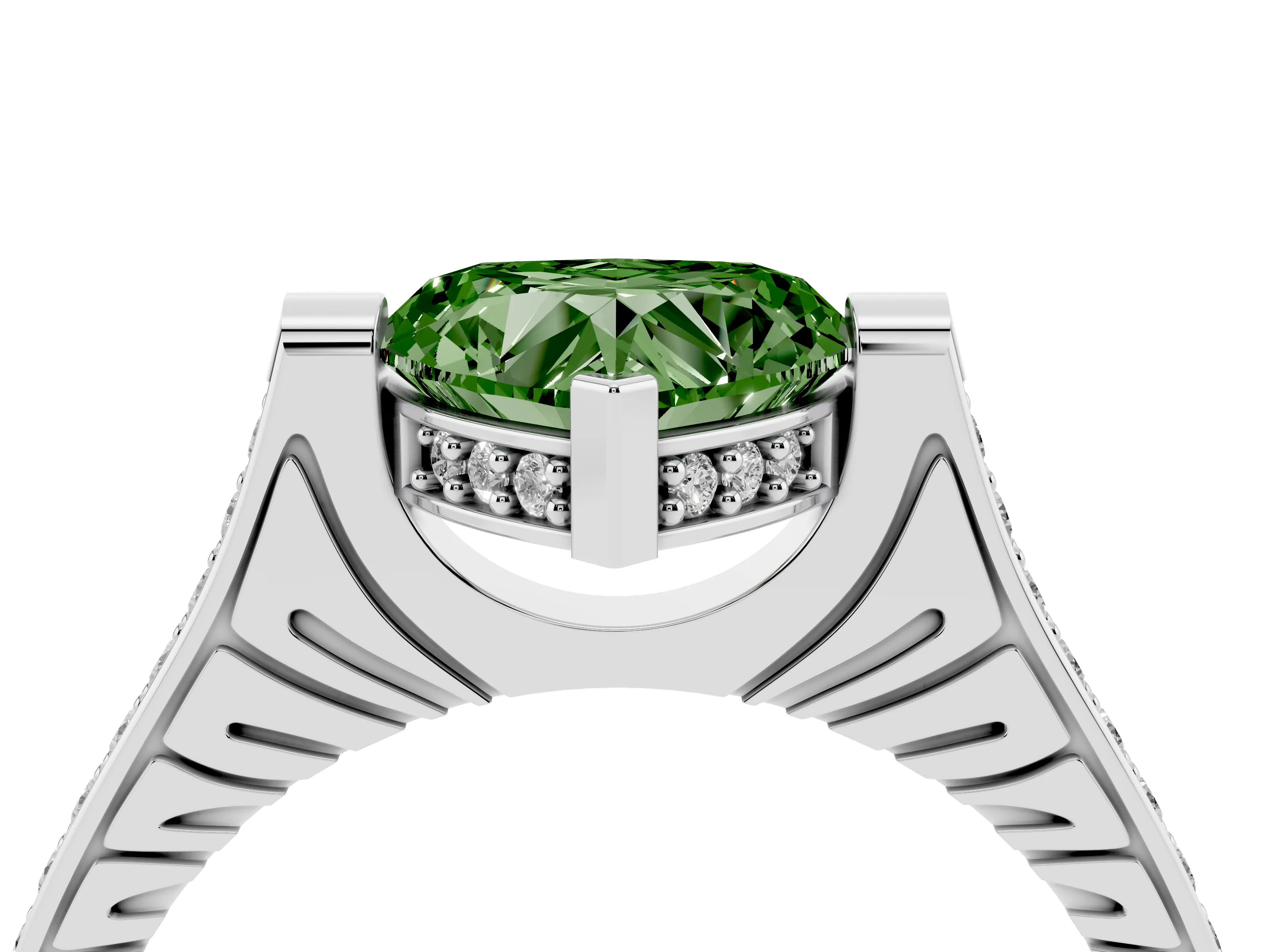 Fancy Green Heart Cut Diamond Solitaire Ring Set in White gold with Channel Set Band and Bezel Prong Setting