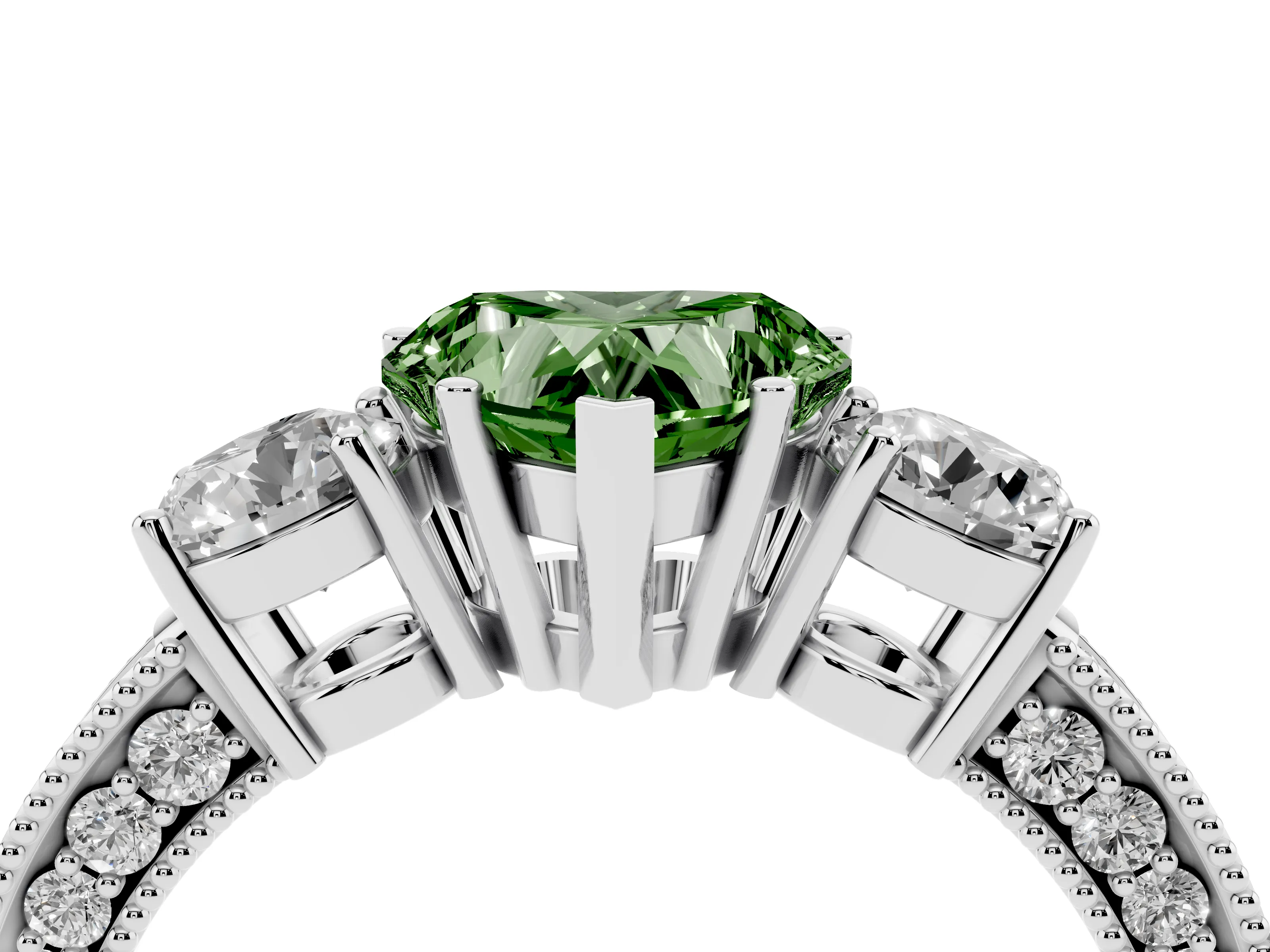 Fancy Green Heart Cut Diamond Three-Stone Ring Set in White gold with Round Side Stones and Pavé Band