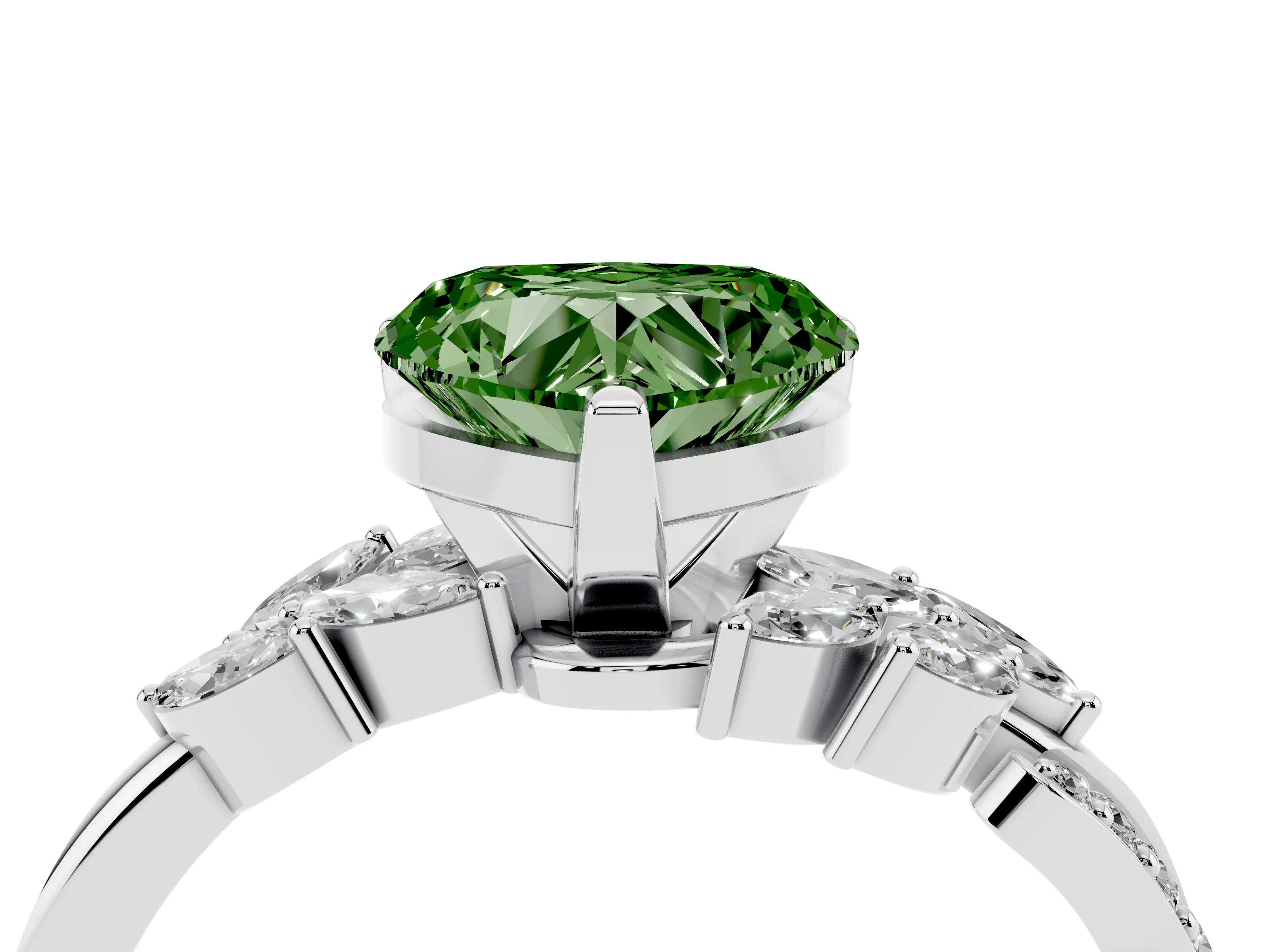 Fancy Green Heart Cut Diamond Solitaire Ring Set in Platinum with Marquise Twist Band and Prong Setting