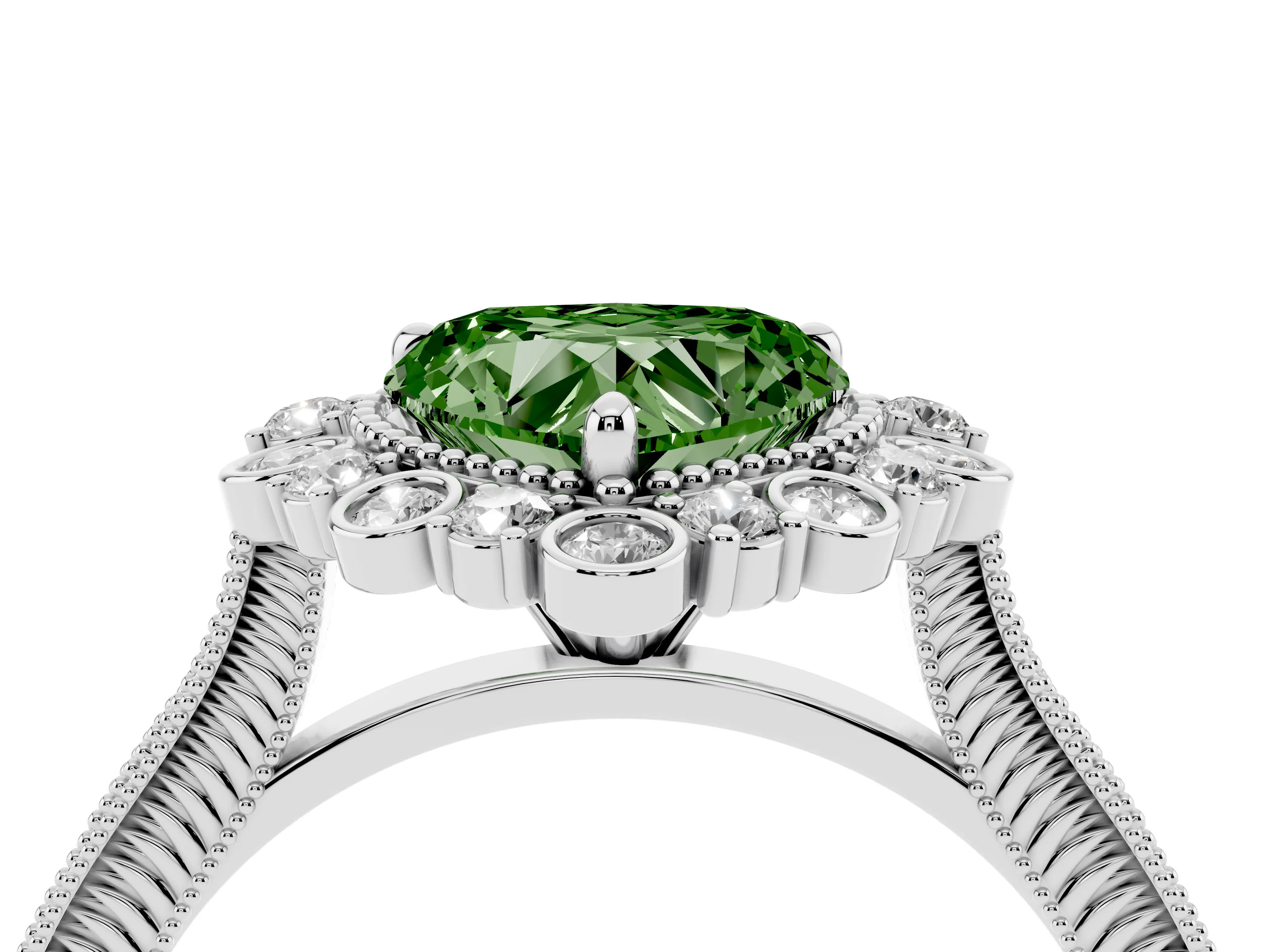 Fancy Green Heart Cut Diamond Halo Milgrain Pavé Ring Set in White gold with Prong Setting