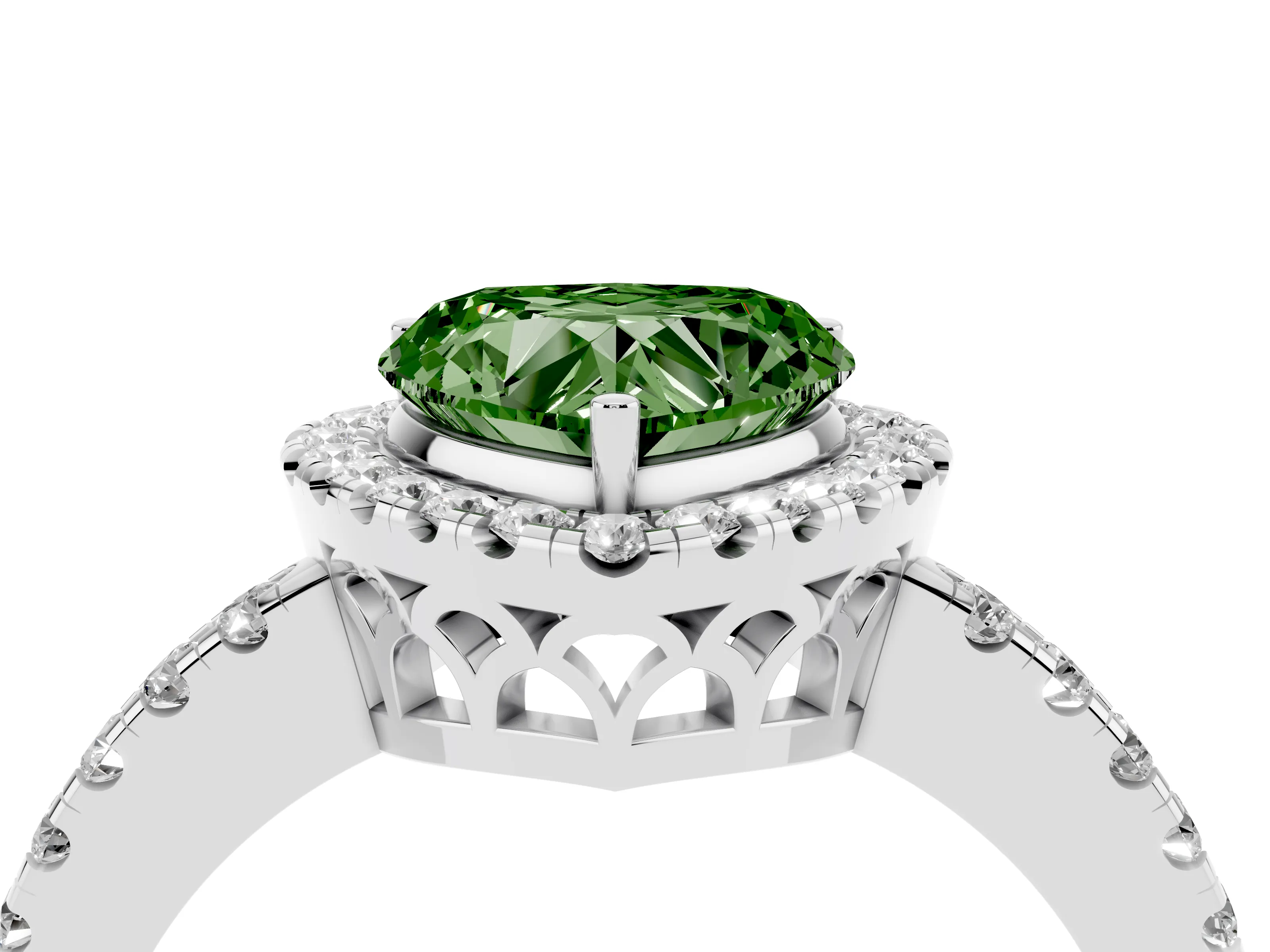 Fancy Green Heart Cut Diamond Pavé Band Halo Engagement Ring Set in White gold with Prong Setting