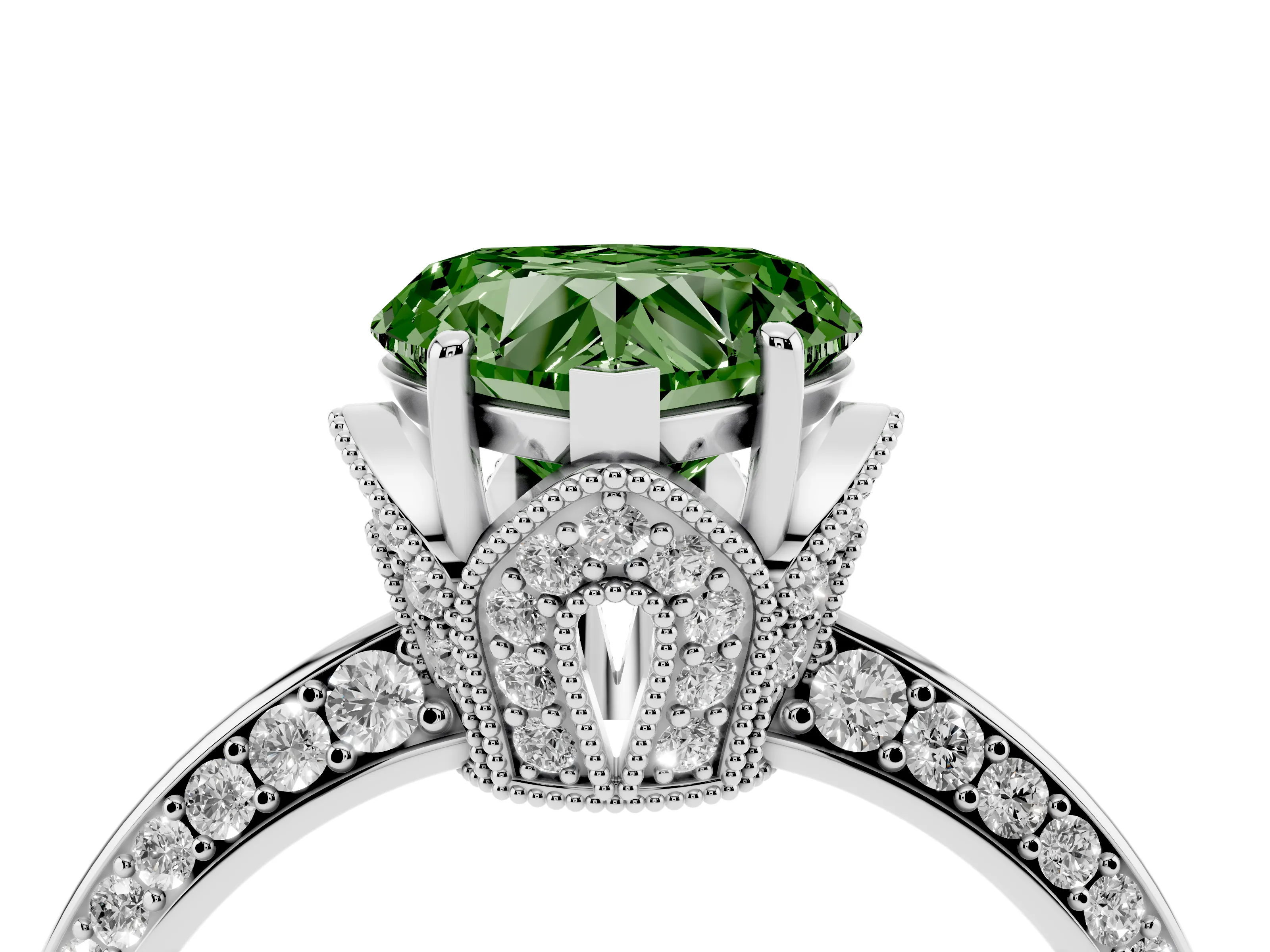 Fancy Green Heart Cut Diamond Solitaire Engagement Ring Set in White gold with Pavé Split Shank and Prong Setting