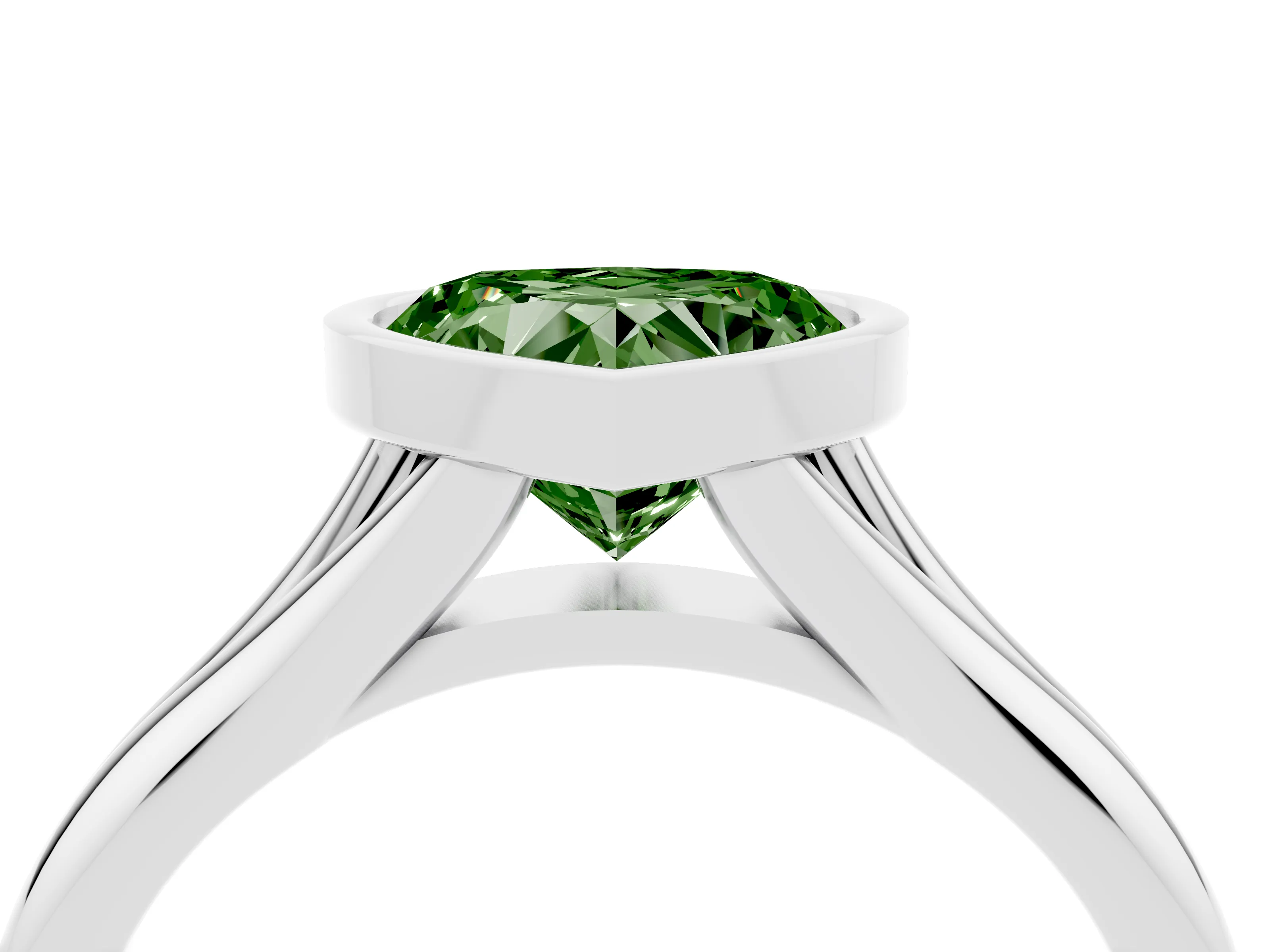 Fancy Green Bezel Set Heart Cut Diamond Solitaire Ring Set in Silver with Smooth Band