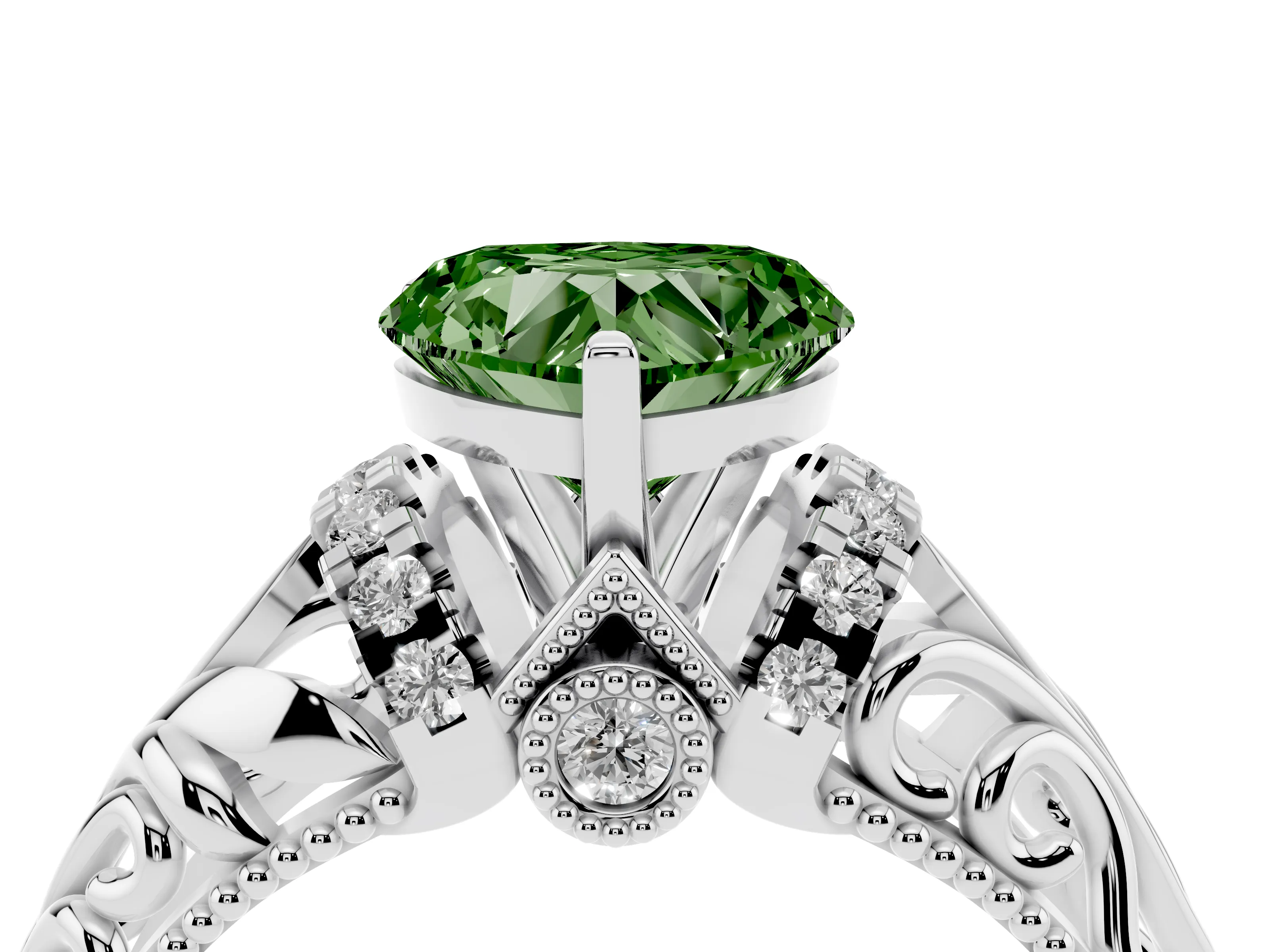 Fancy Green Heart Cut Diamond Filigree Halo Engagement Ring Set in Silver with Prong Setting