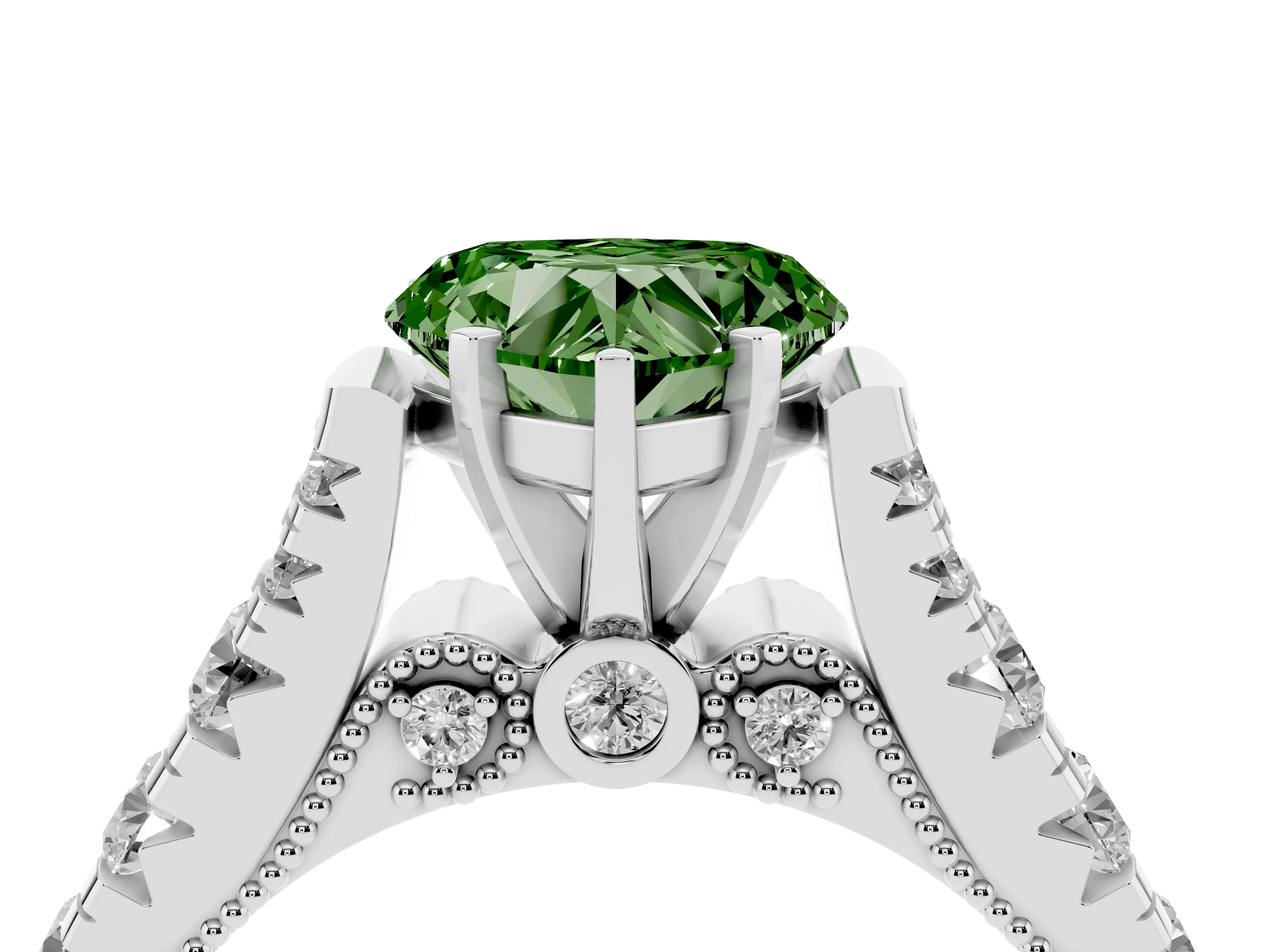 Fancy Green Heart Cut Diamond Classic Solitaire Ring Set in Silver with Pavé Band and Prong Setting