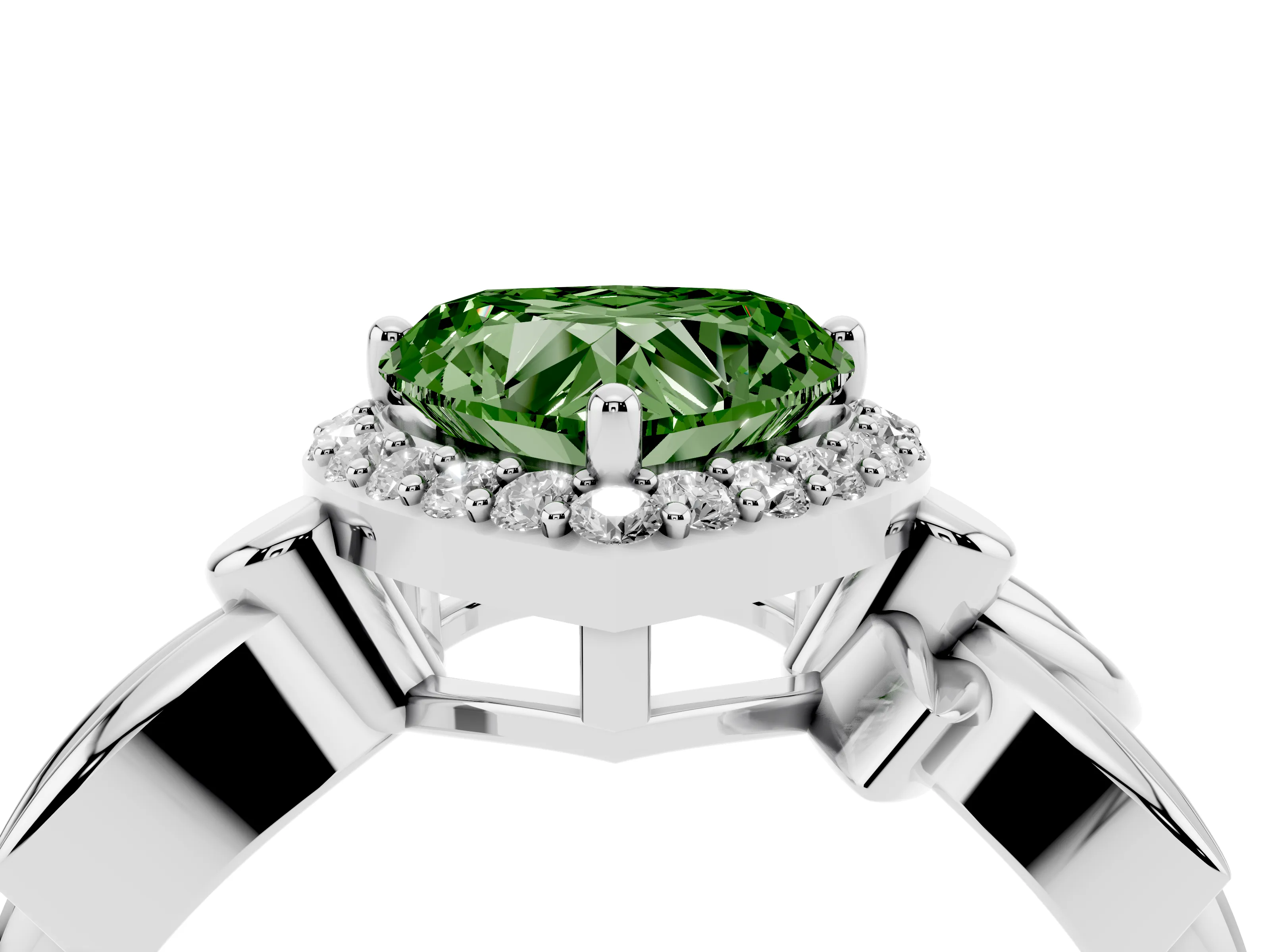 Fancy Green Heart Cut Diamond Halo Floral Band Ring Set in White gold with Prong Setting