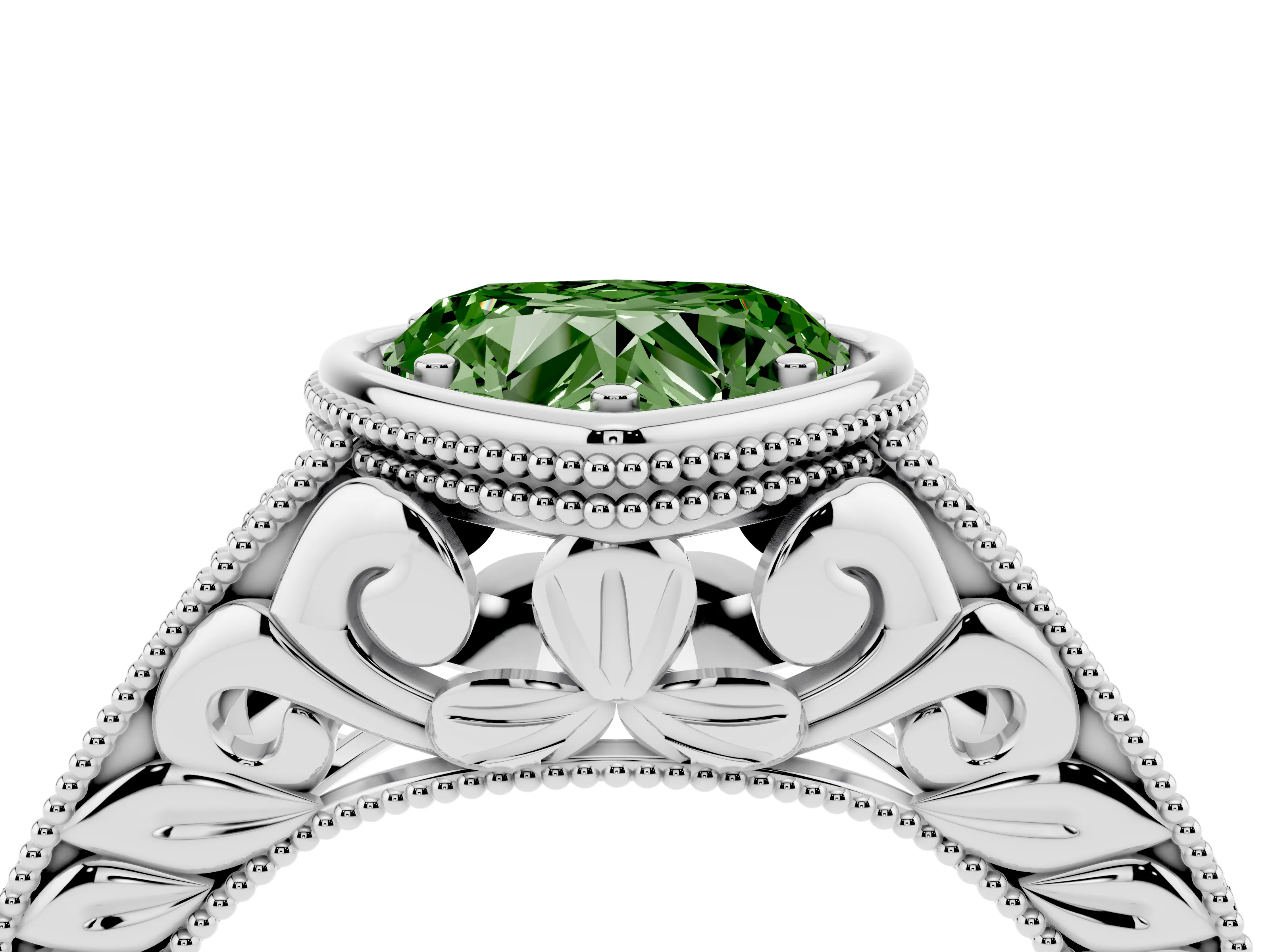Fancy Green Bezel Set Heart Cut Diamond Milgrain Pavé Engagement Ring Set in Silver