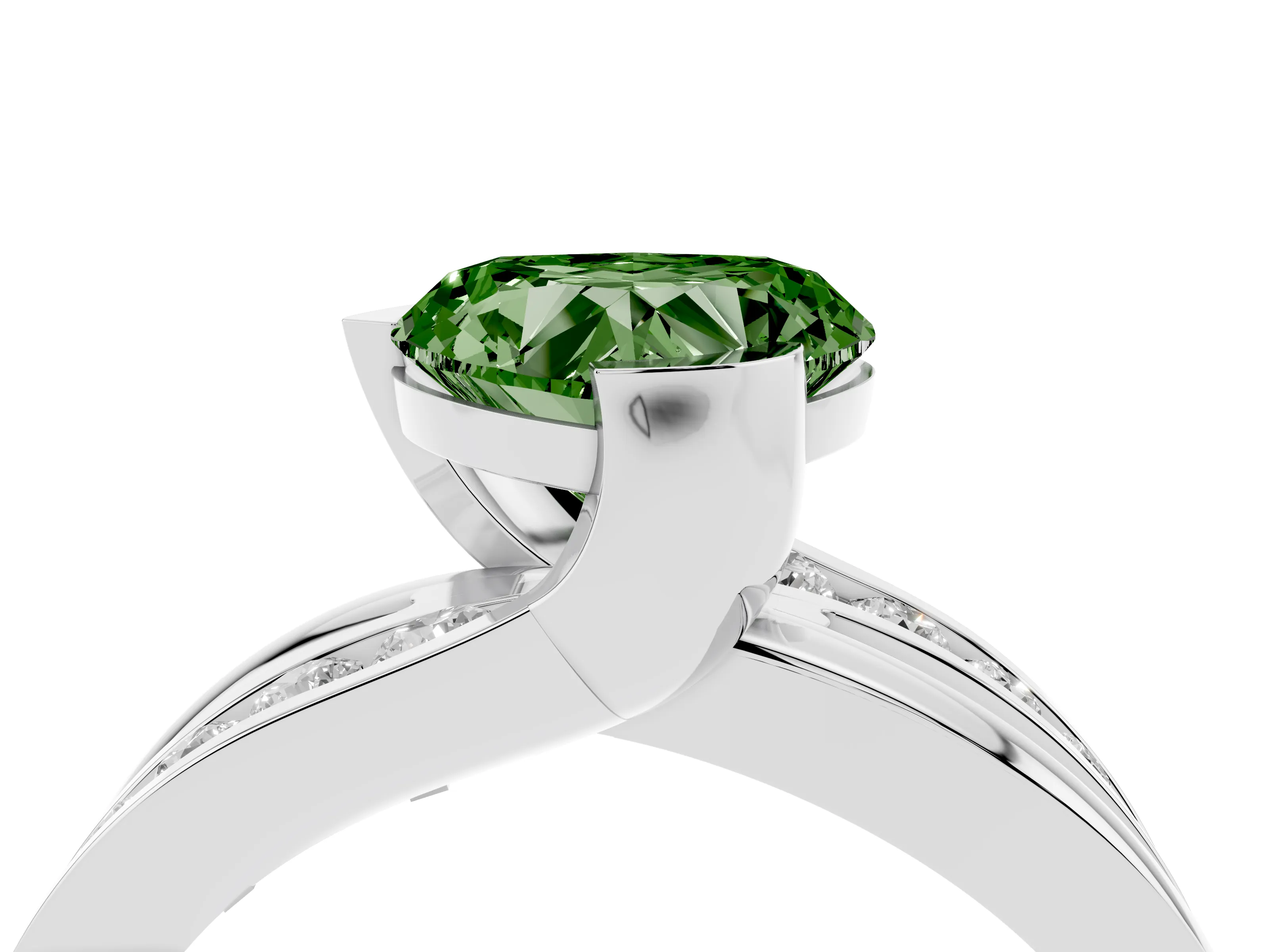 Fancy Green Heart Cut Diamond Solitaire Ring Set in White gold with Channel Set Split Shank and Tension Prongs