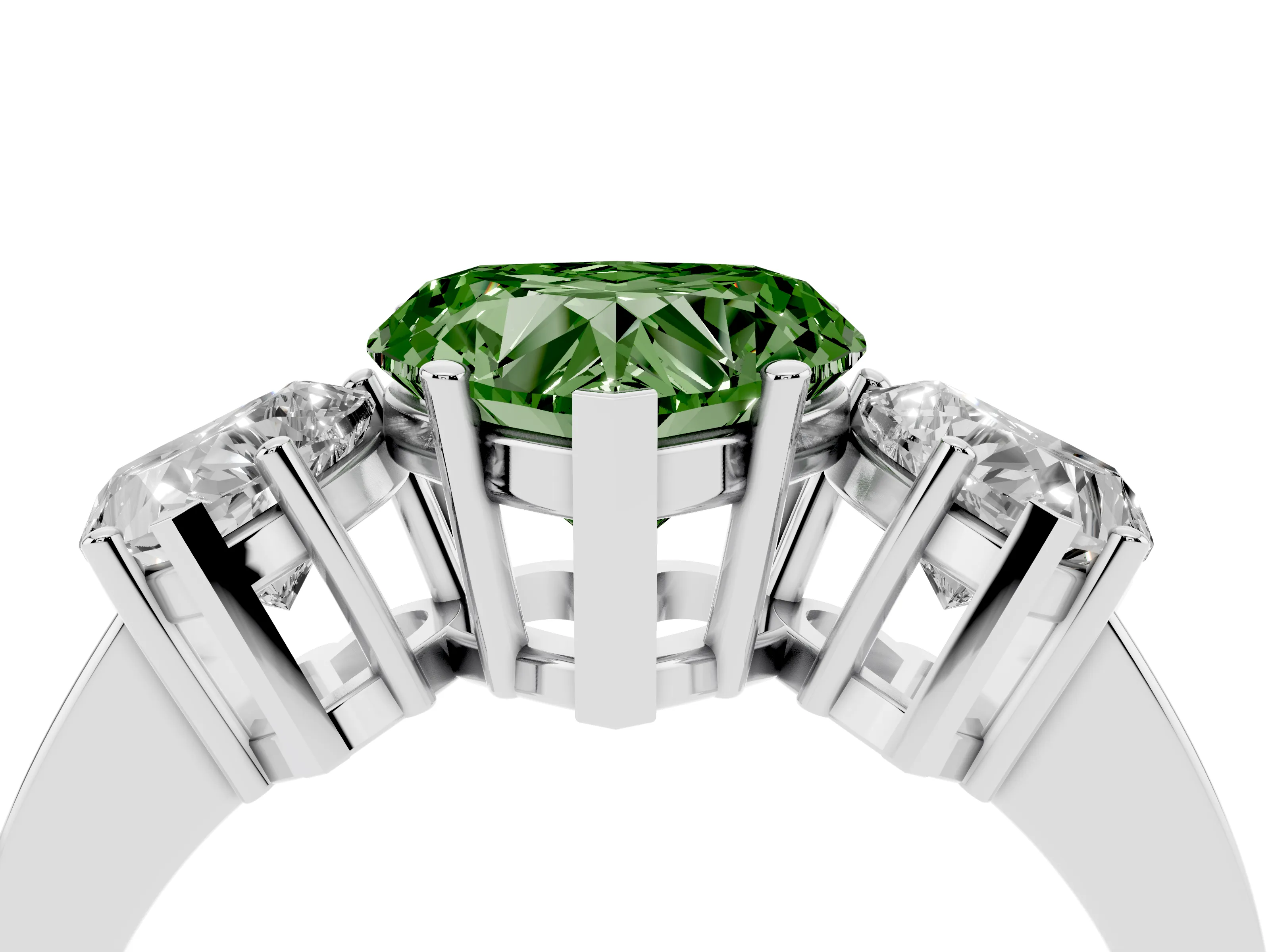 Fancy Green Heart Cut Diamond Three-Stone Engagement Ring Set in Platinum with Flat Band