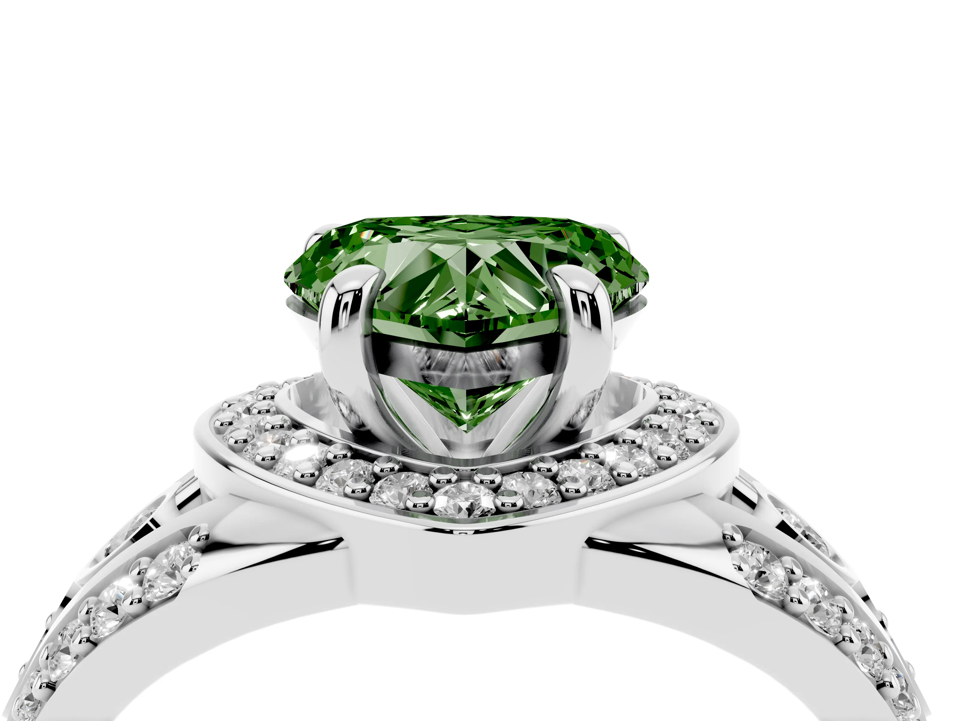 Fancy Green Heart Cut Diamond Halo Ring Set in White gold with Pavé Split Shank and Bezel Accents