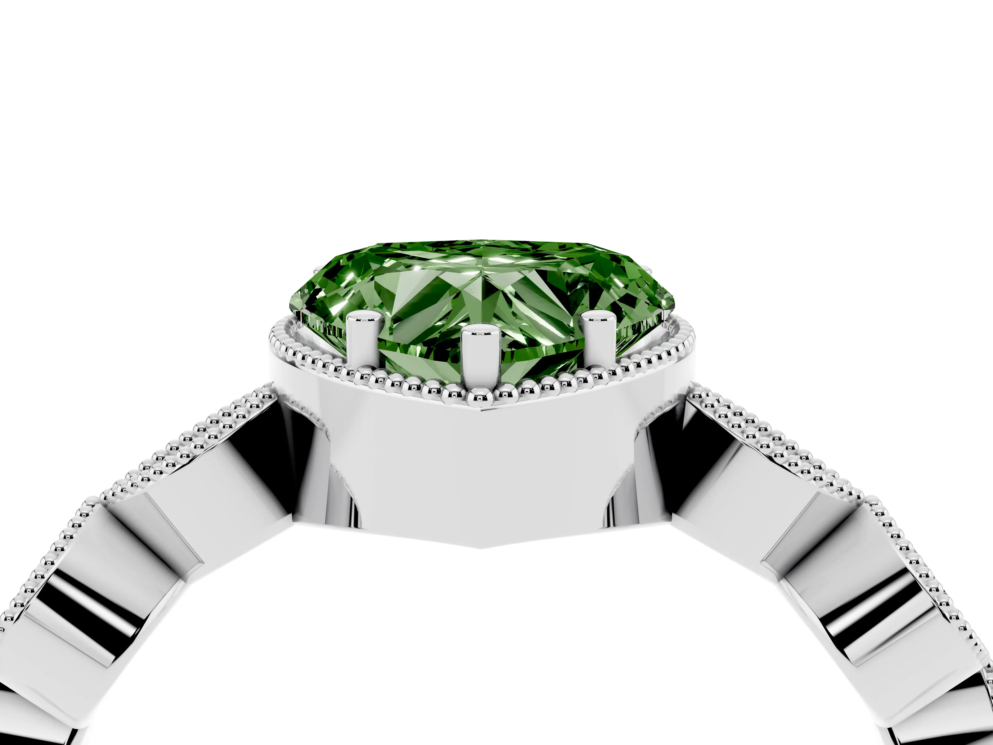Fancy Green Heart Cut Diamond Vintage-Inspired Milgrain Ring Set in Silver with Marquise Stations of Round Accents