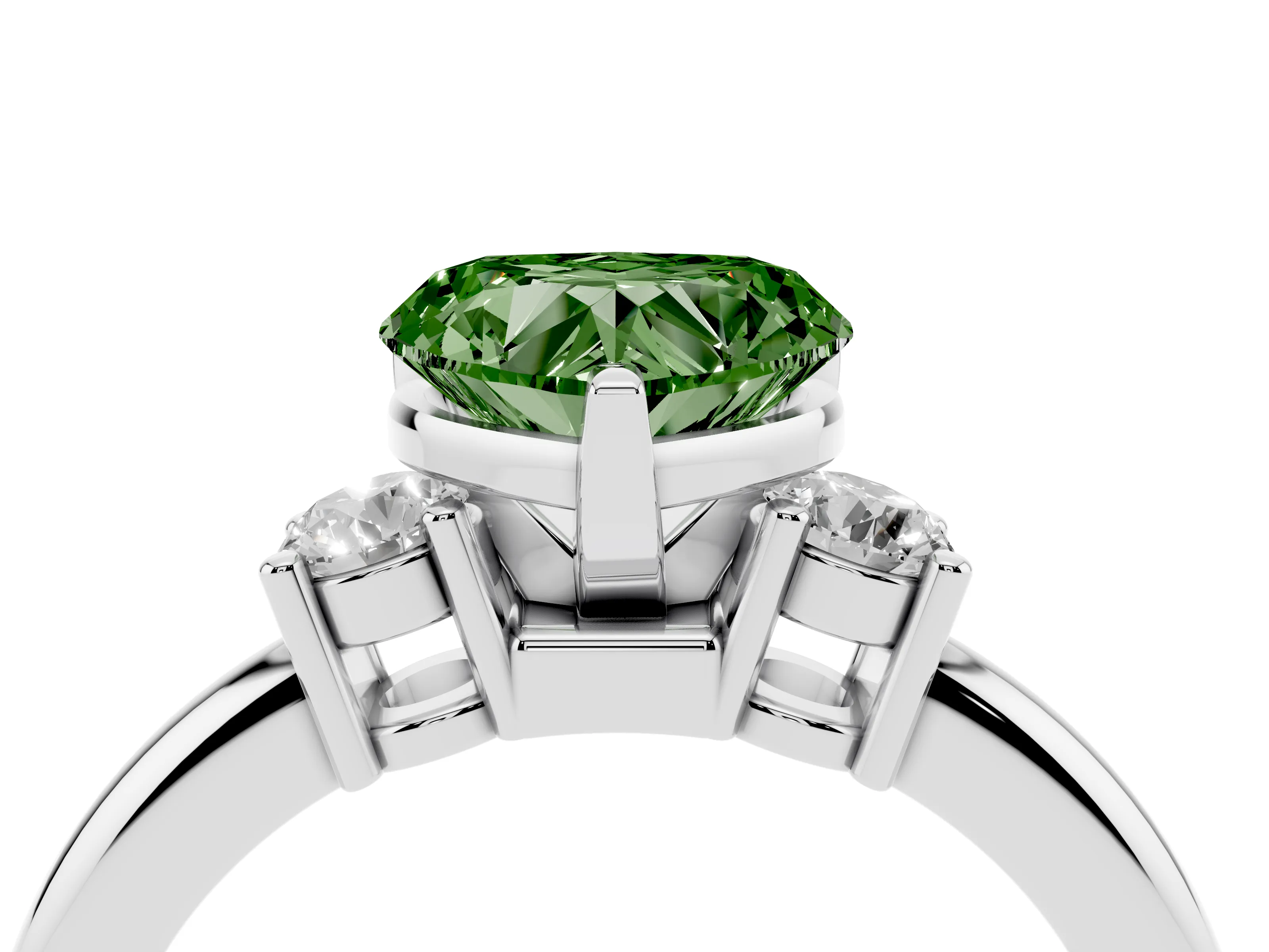 Fancy Green Three-Stone Heart Cut Diamond Ring Set in Silver with Prong Setting and Plain Band