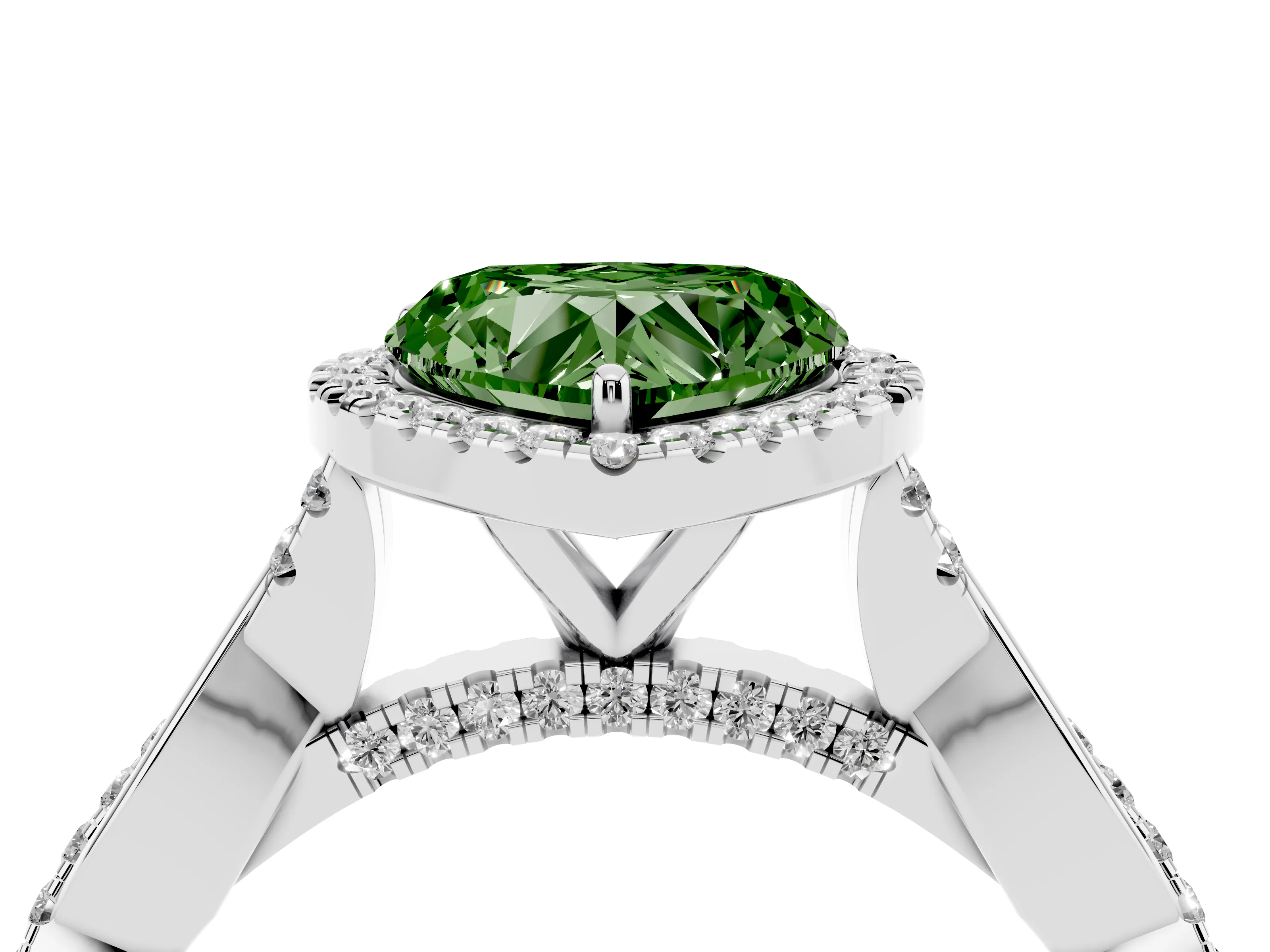 Fancy Green Heart Cut Diamond Halo Twist Band Solitaire Ring Set in White gold with Prong Setting