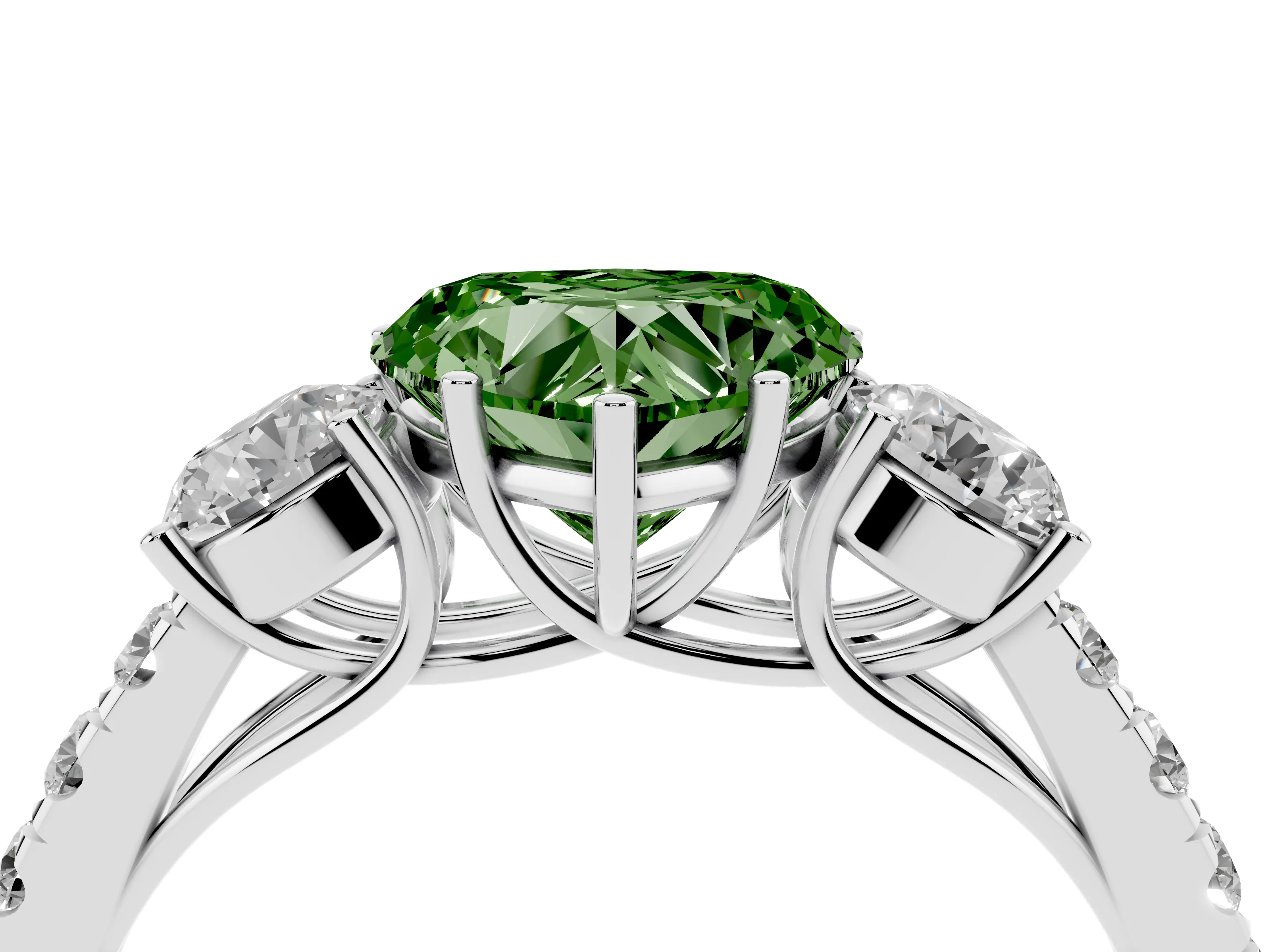 Fancy Green Heart Cut Diamond Three-Stone Ring Set in White gold with Round Side Stones and Delicate Pavé Band