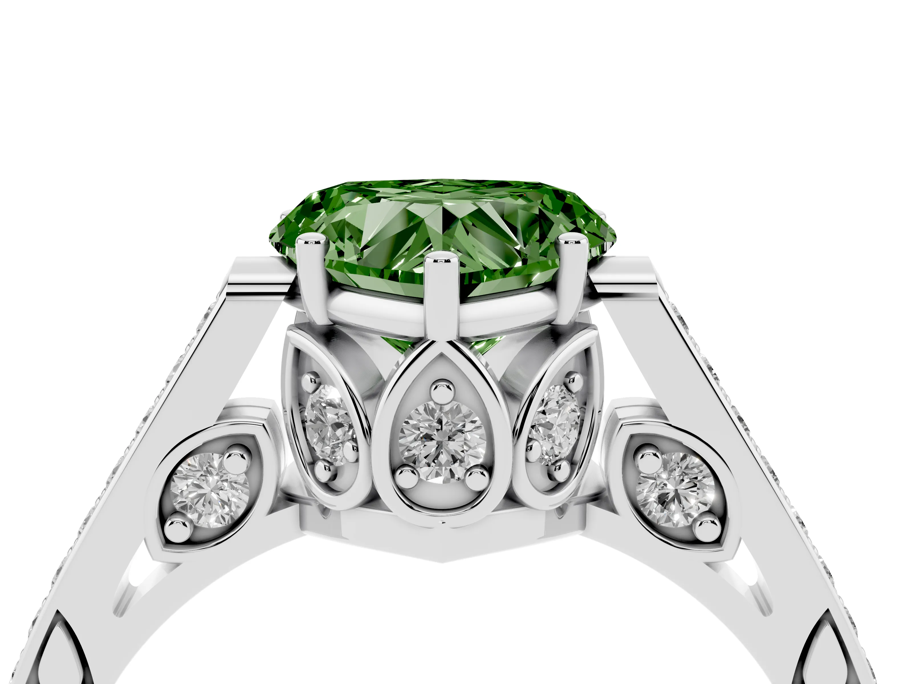 Fancy Green Heart Cut Diamond Cathedral Pavé Engagement Ring Set in Silver with Prong Setting