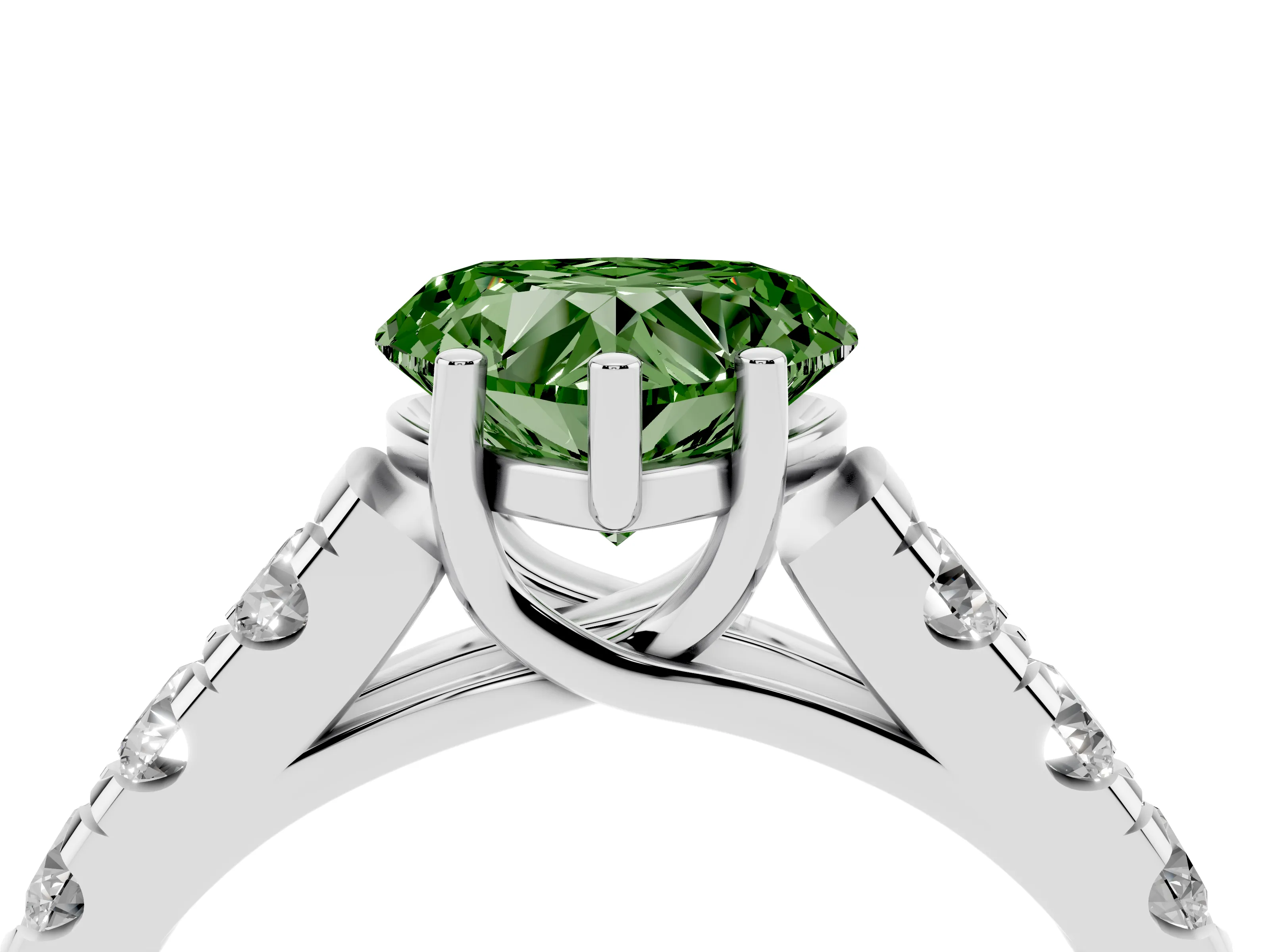 Fancy Green Heart Cut Diamond Solitaire Ring Set in White gold with Cut-Down Micro Pavé Band and Prong Setting