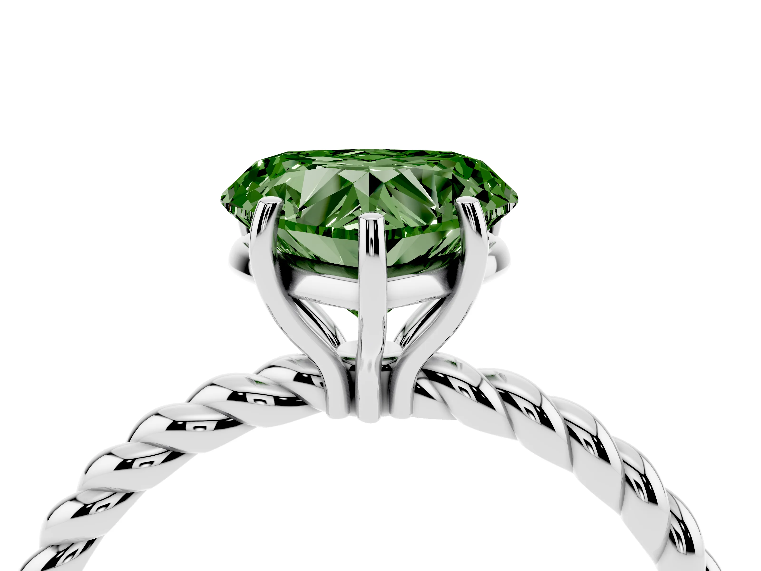 Fancy Green Heart Cut Diamond Solitaire Ring Set in White gold with Twist Band and Prong Setting