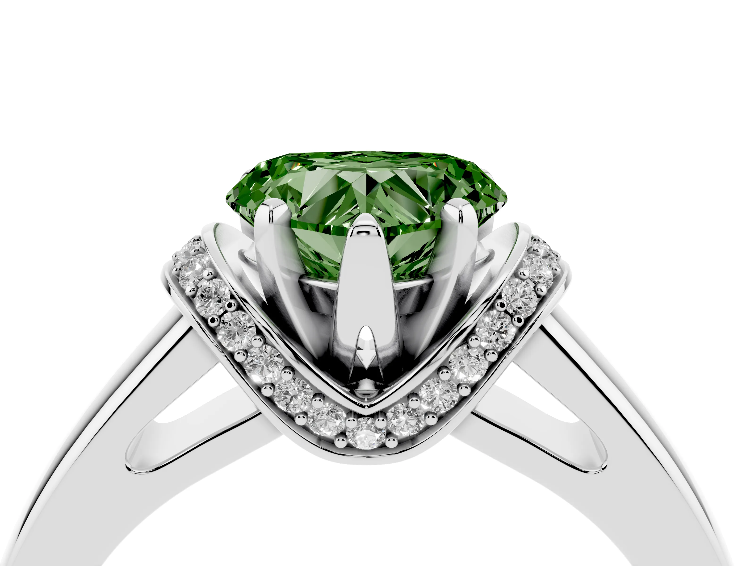 Fancy Green Heart Cut Diamond Pavé Band Solitaire Ring Set in Platinum with Prong Setting