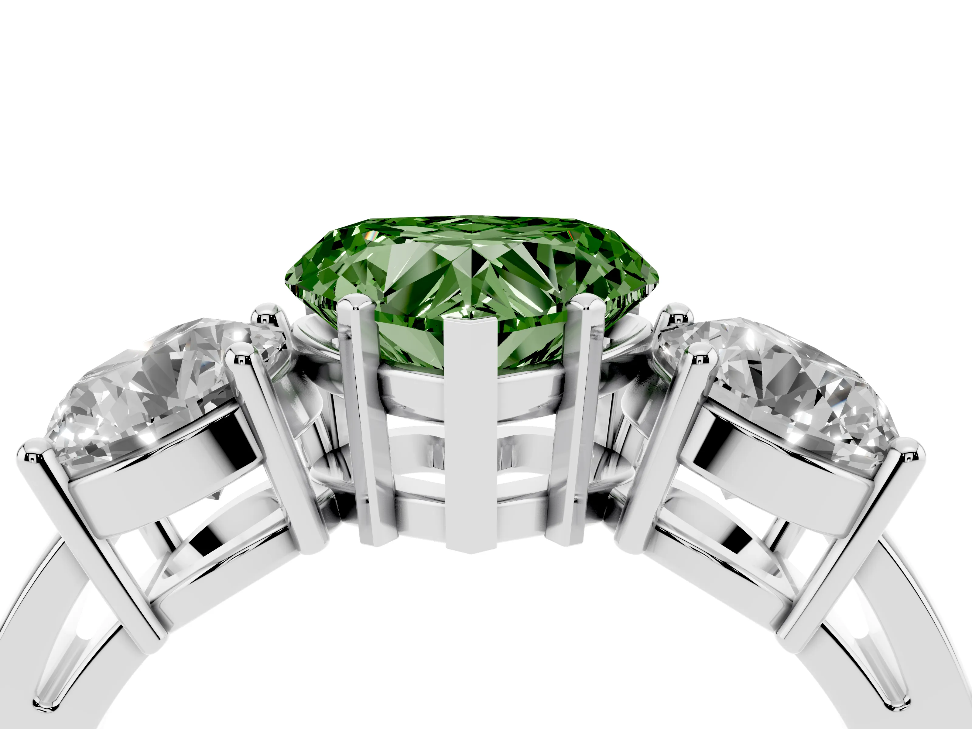 Fancy Green Heart Cut Diamond Three-Stone Ring Set in Platinum with Round Side Stones and Classic Band