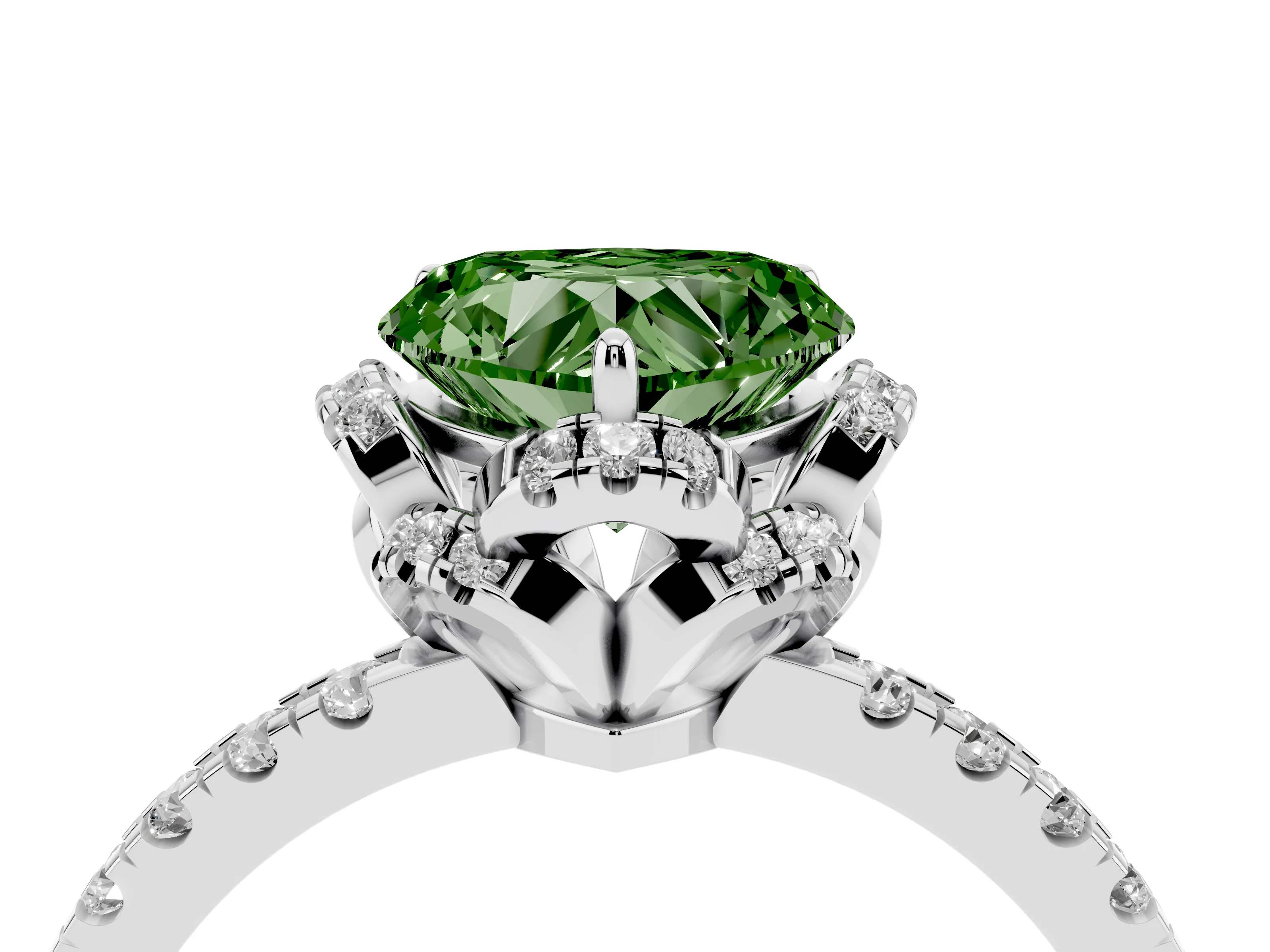 Fancy Green Heart Cut Diamond Halo Pavé Band Ring Set in White gold with Prong-Held Center